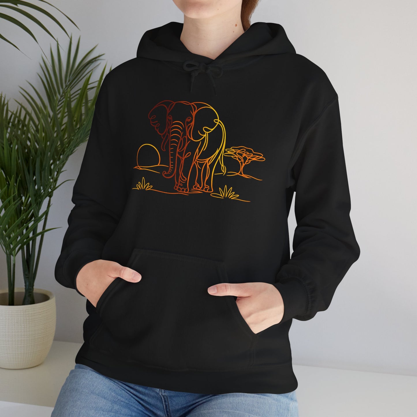 Elephant Sunset Hoodie — Minimal Safari Graphic Hooded Sweatshirt