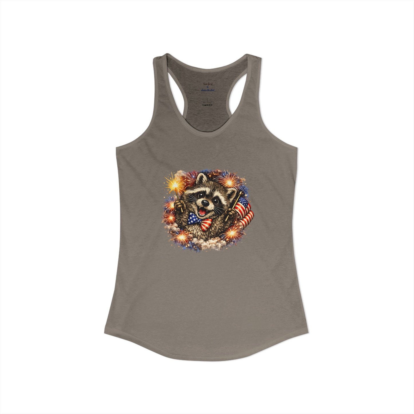 Patriotic Raccoon 4th of July Tank — Raccoon on 250 with Flag & Fireworks Racerback Tank