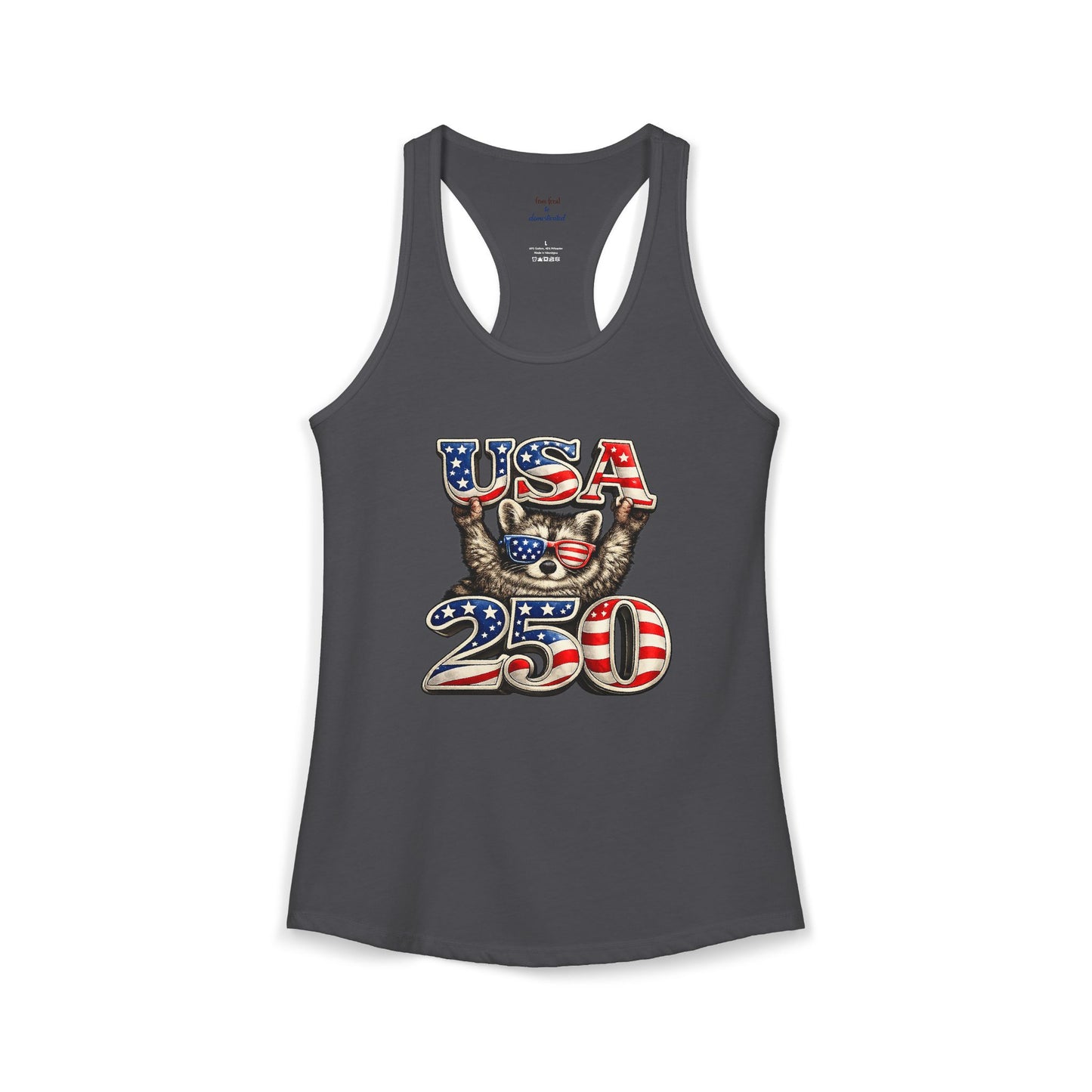 Patriotic Raccoon 4th of July Tank — Raccoon on 250 with Flag & Fireworks Racerback Tank