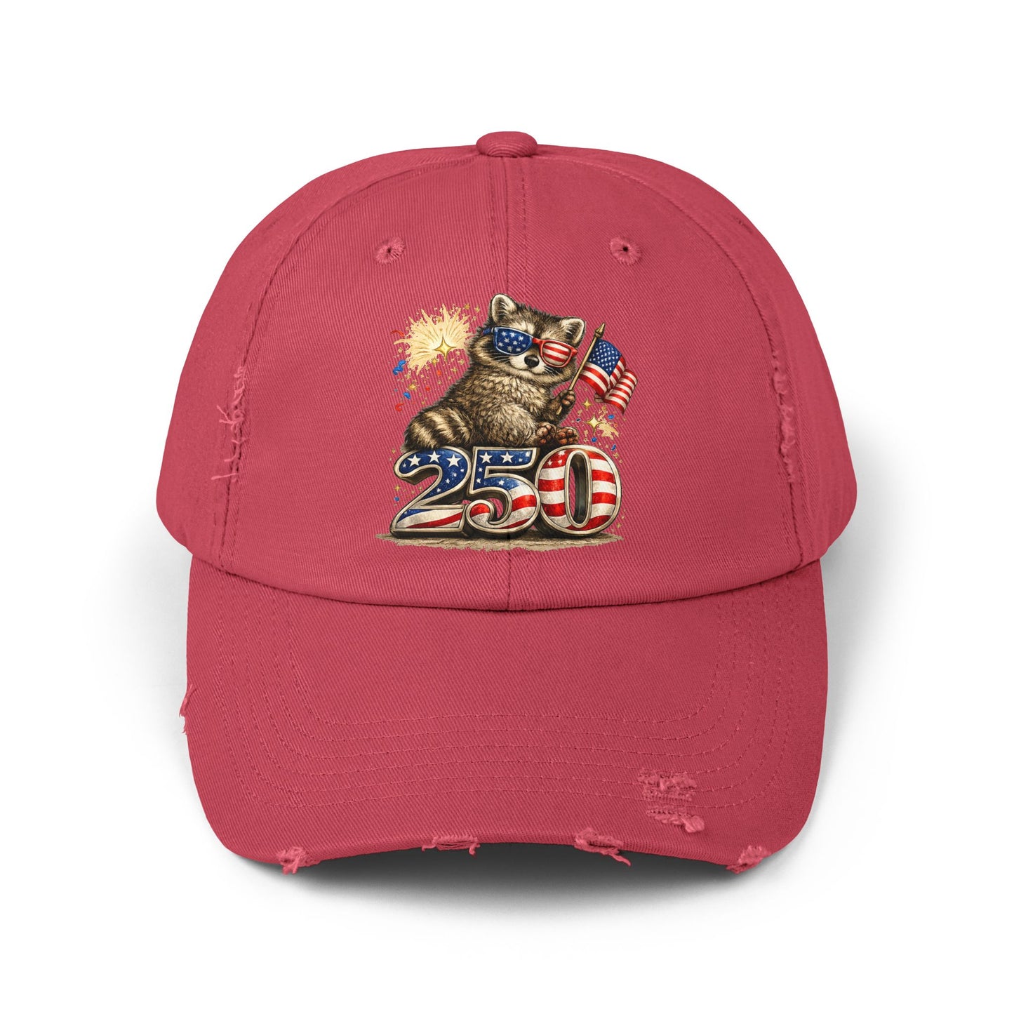 Patriotic Raccoon 250 Cap — Fireworks & Flag Distressed Baseball Hat