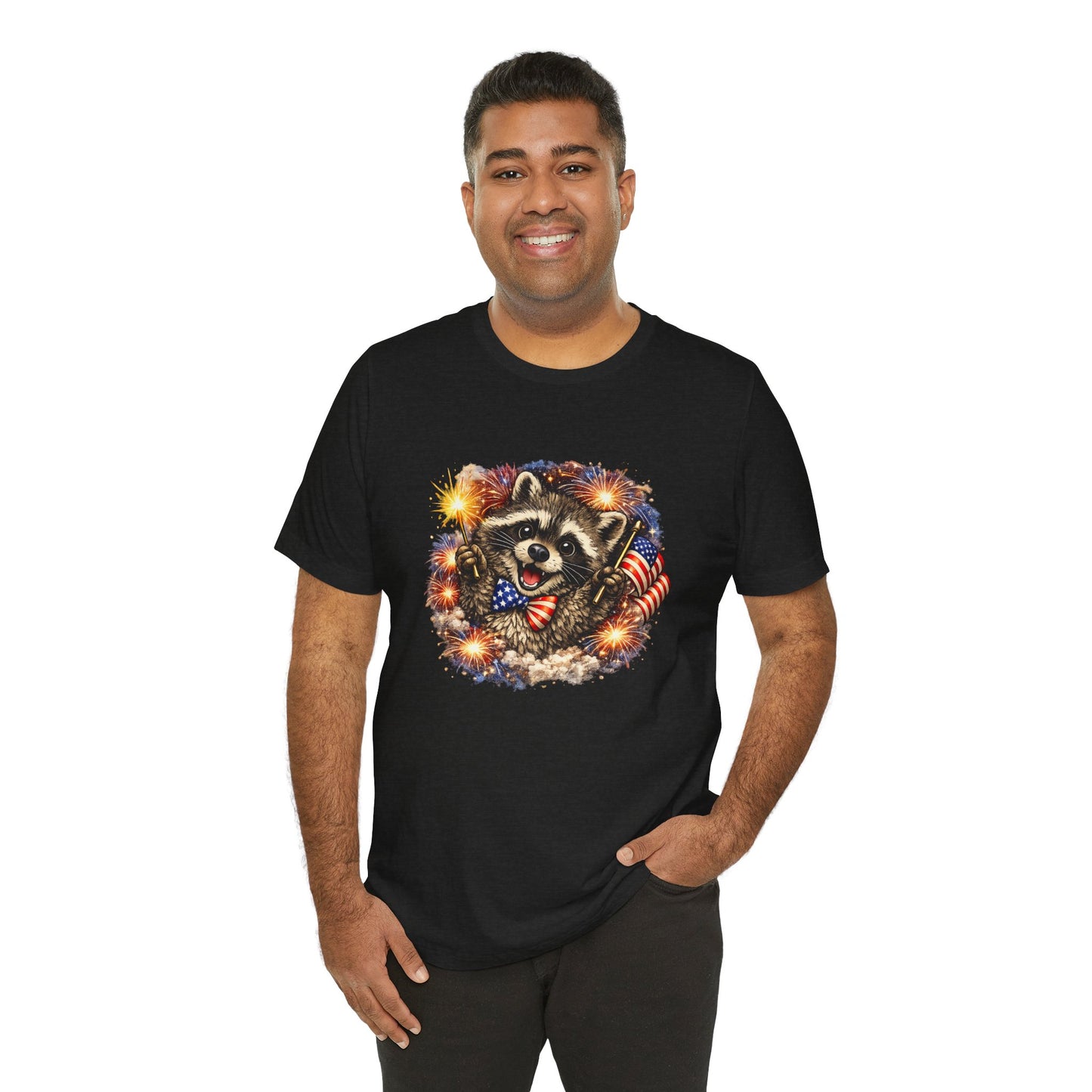 Patriot Raccoon 250th Anniversary T-Shirt — 4th of July Fireworks Flag Tee