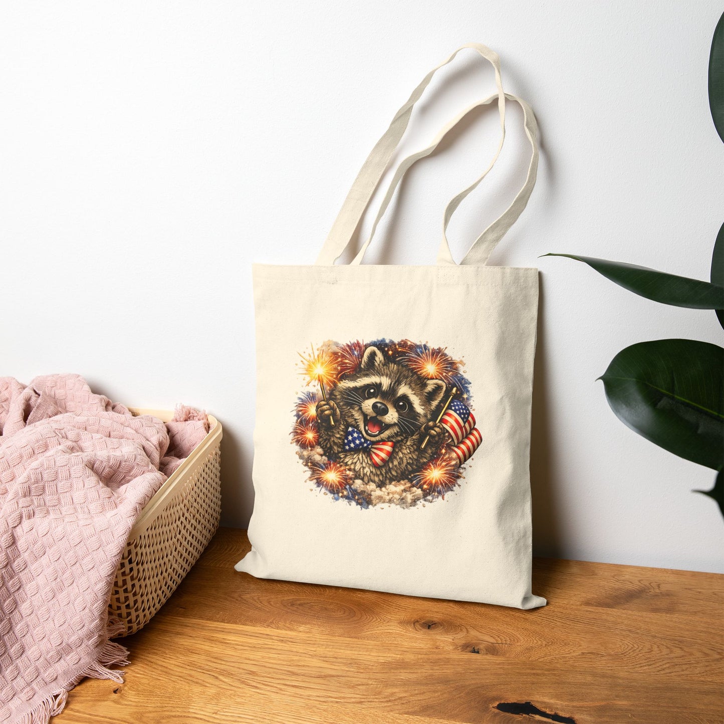 Patriotic Raccoon Fireworks Tote Bag — '250' Canvas Tote for Fourth of July
