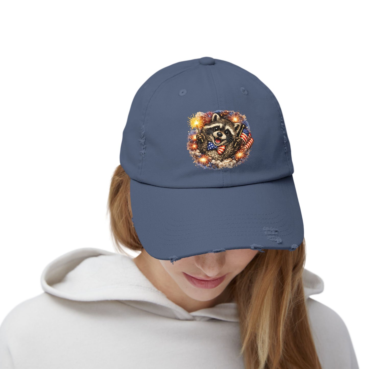 Patriotic Raccoon 250 Cap — Fireworks & Flag Distressed Baseball Hat