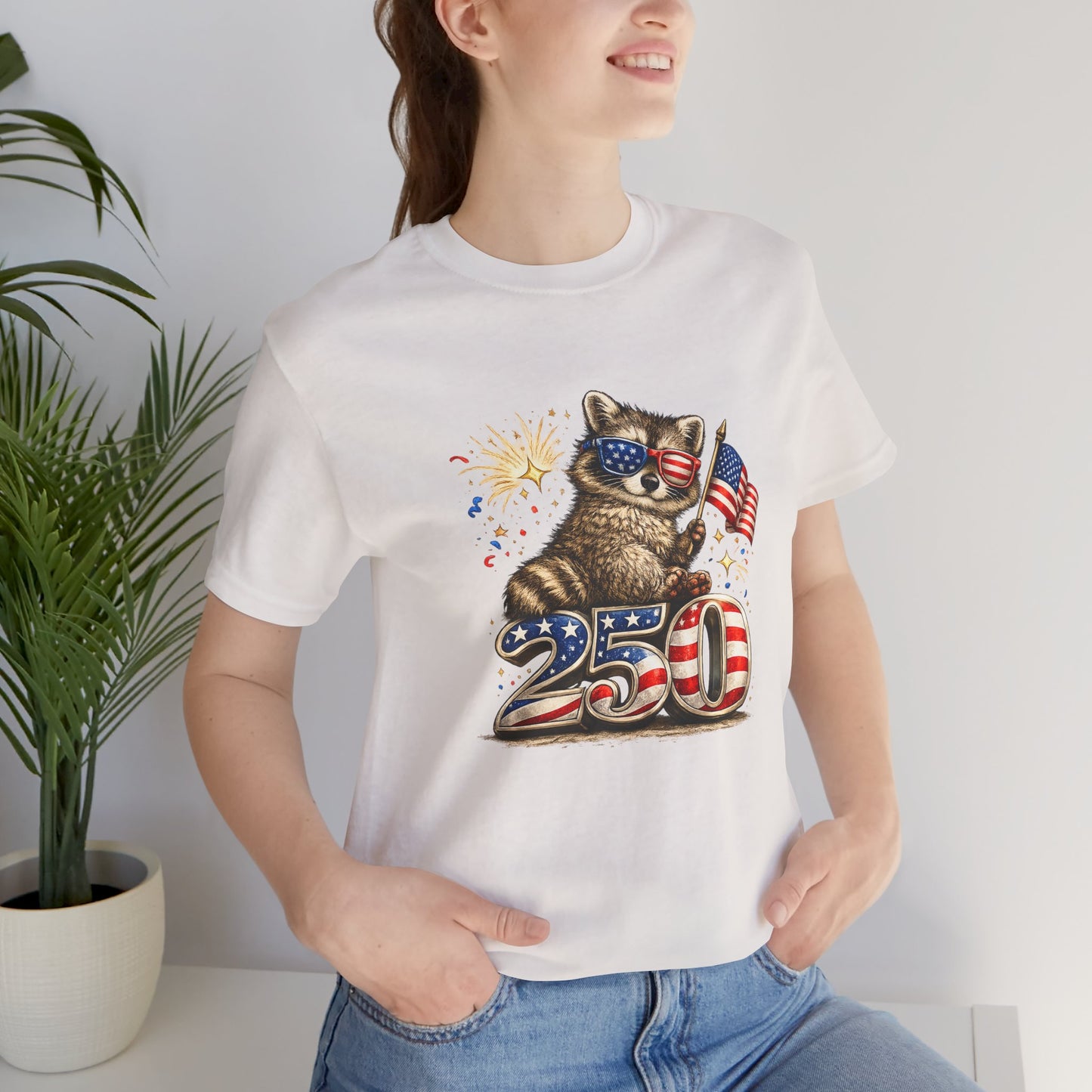 Patriot Raccoon 250th Anniversary T-Shirt — 4th of July Fireworks Flag Tee