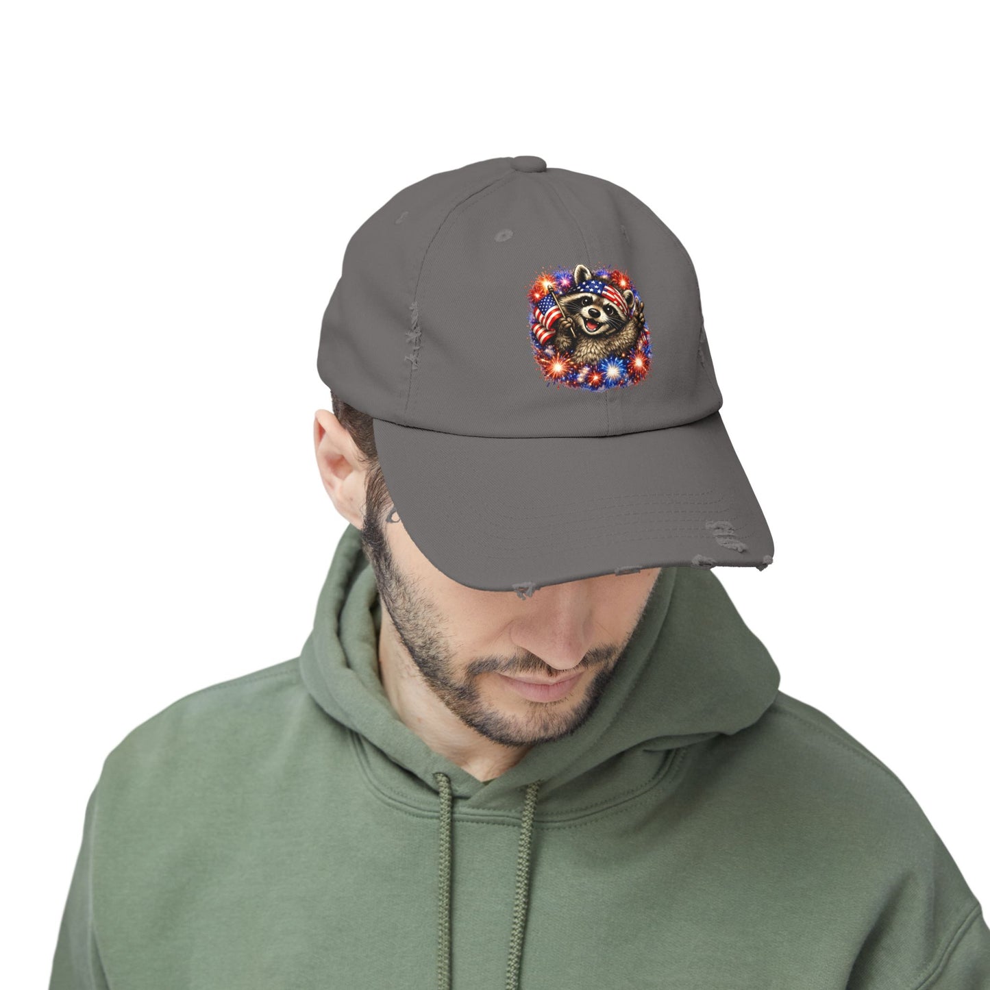 Patriotic Raccoon 250 Cap — Fireworks & Flag Distressed Baseball Hat
