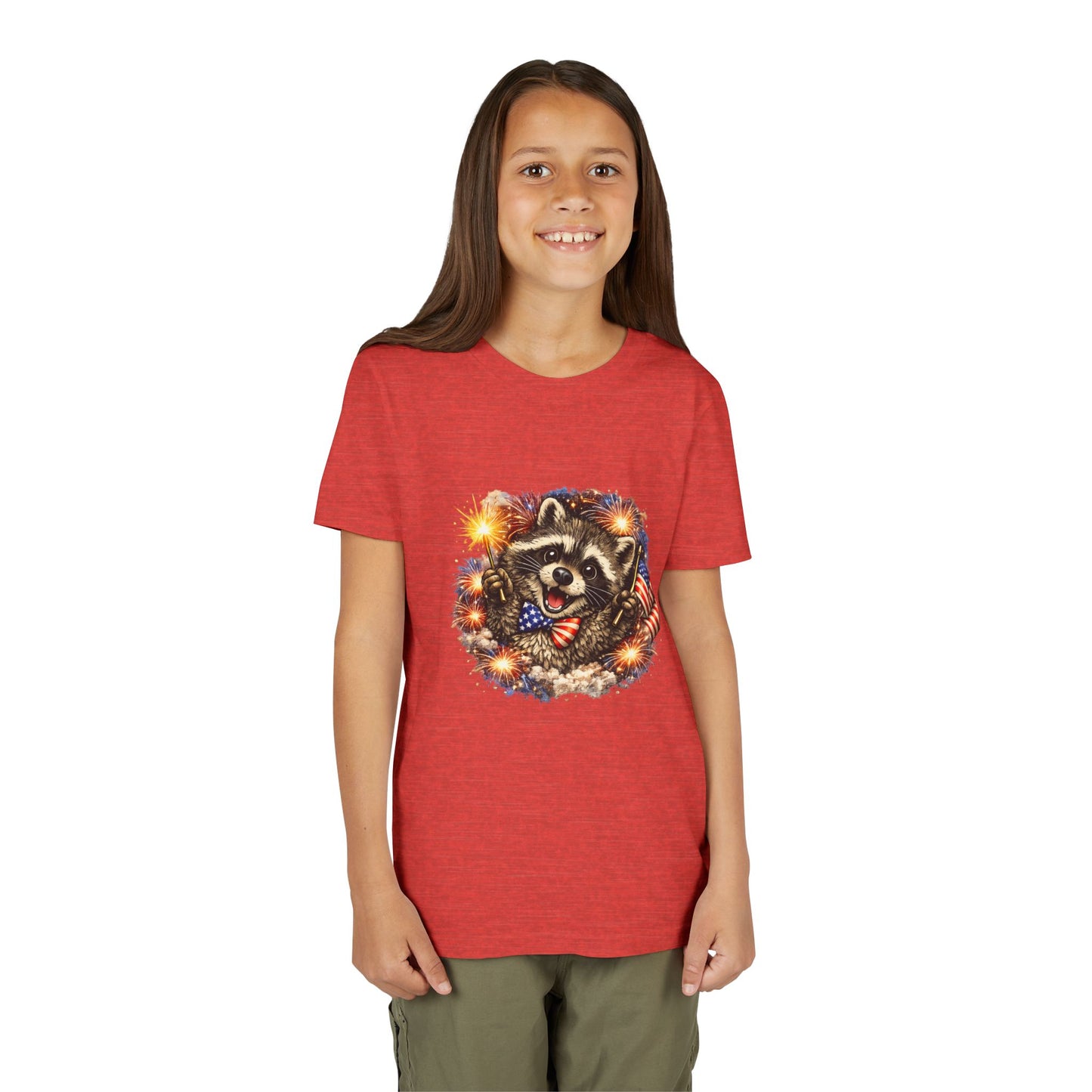 Patriotic Raccoon Youth Tee — Raccoon with American Flag & Fireworks