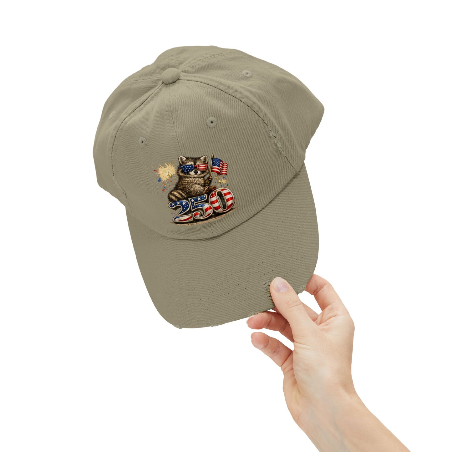 Patriotic Raccoon 250 Cap — Fireworks & Flag Distressed Baseball Hat