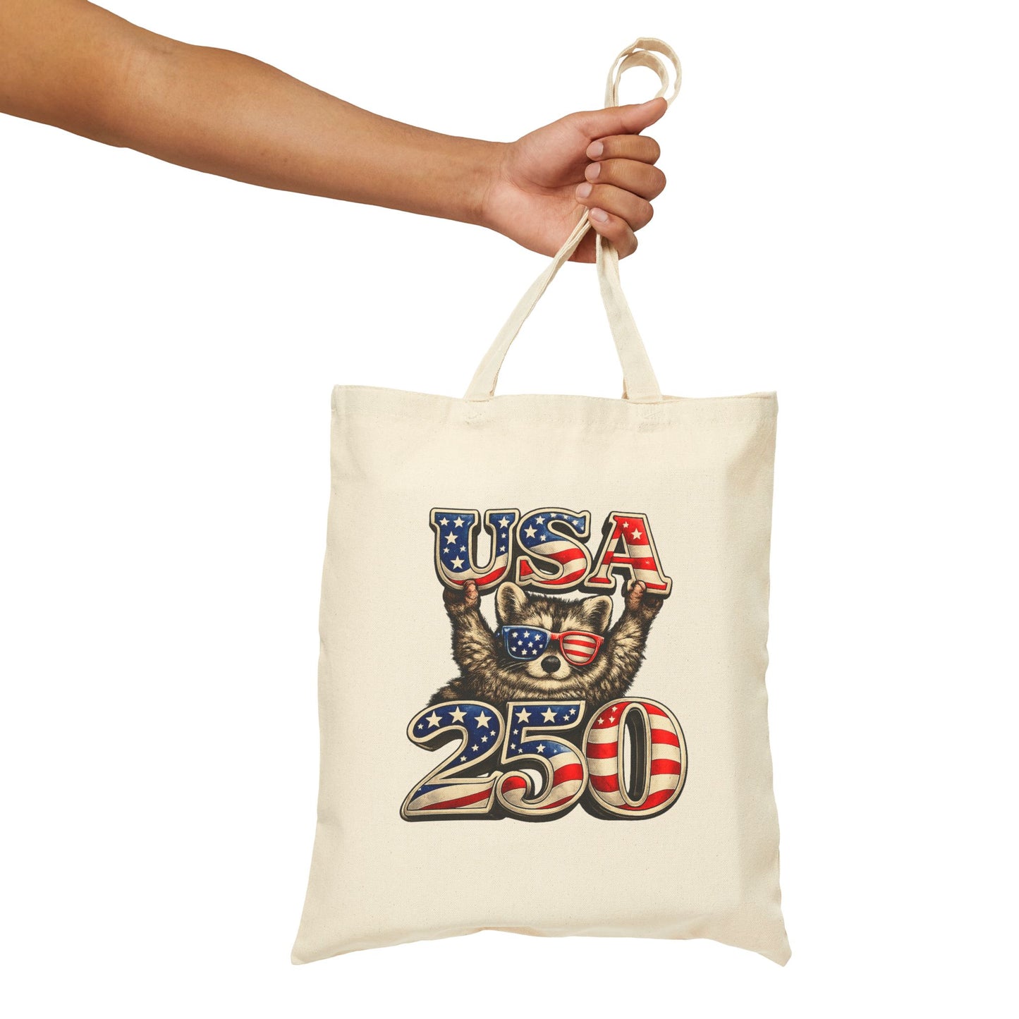 Patriotic Raccoon Fireworks Tote Bag — '250' Canvas Tote for Fourth of July