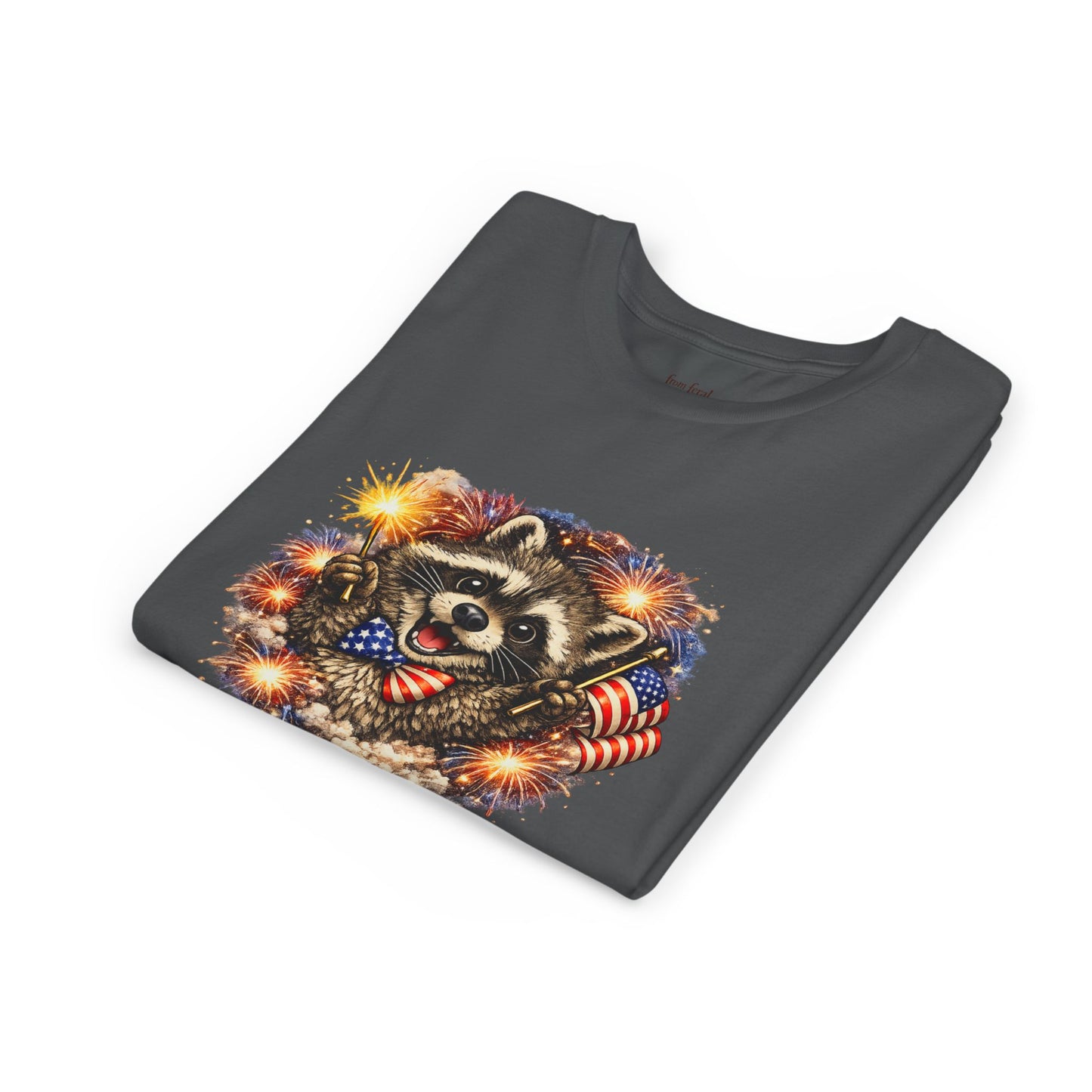 Patriotic Raccoon Youth Tee — Raccoon with American Flag & Fireworks