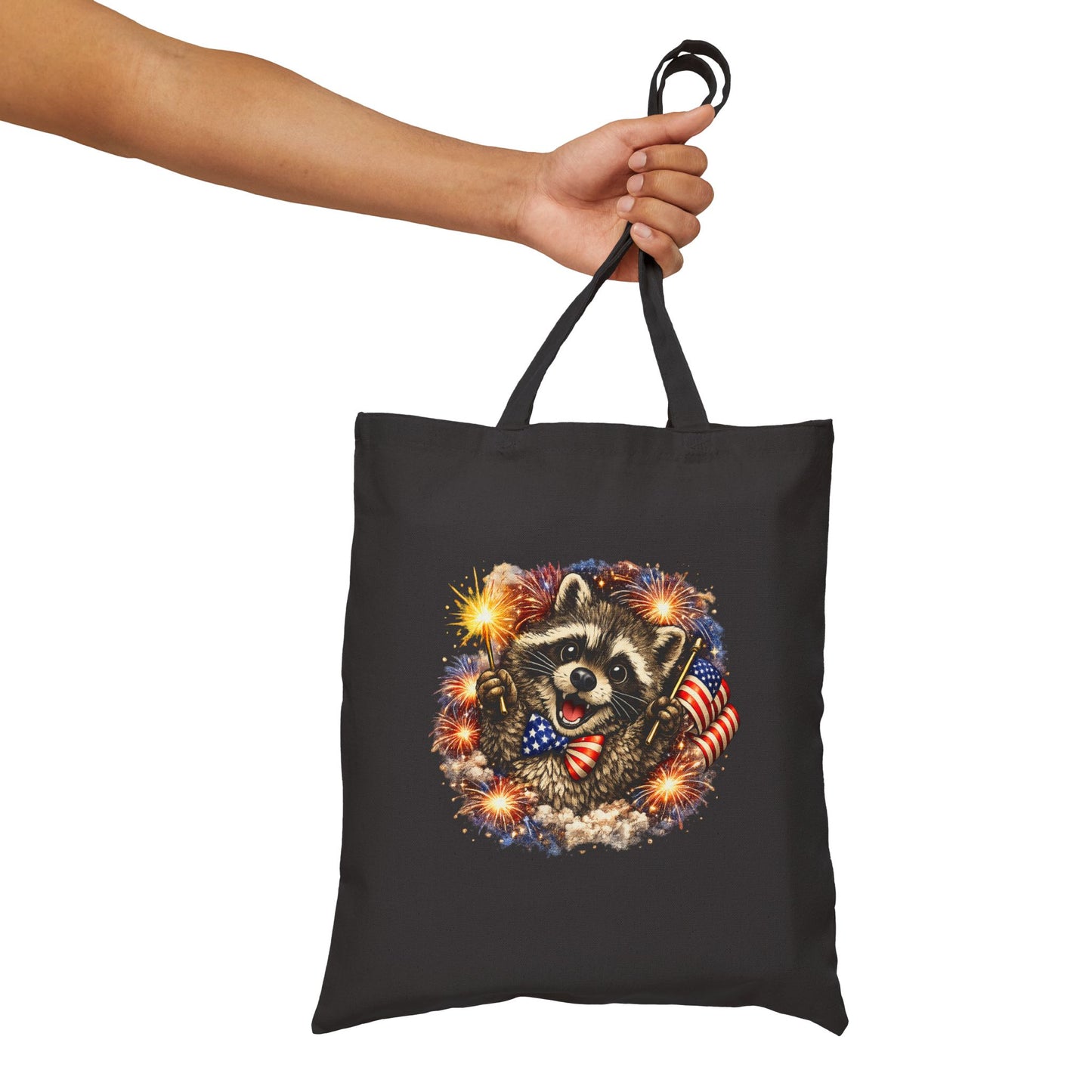 Patriotic Raccoon Fireworks Tote Bag — '250' Canvas Tote for Fourth of July