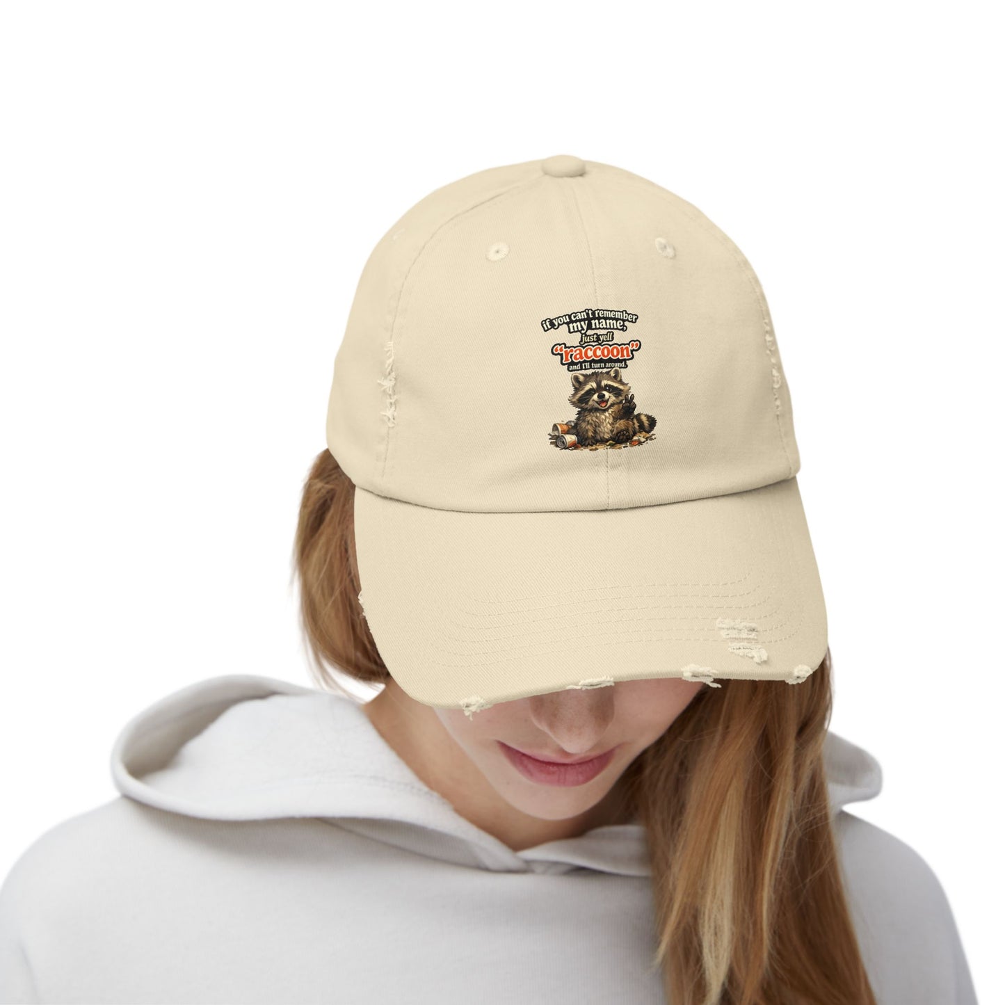Yell Raccoon Distressed Cap — Raccoon Mom/Dad Funny Dad Hat