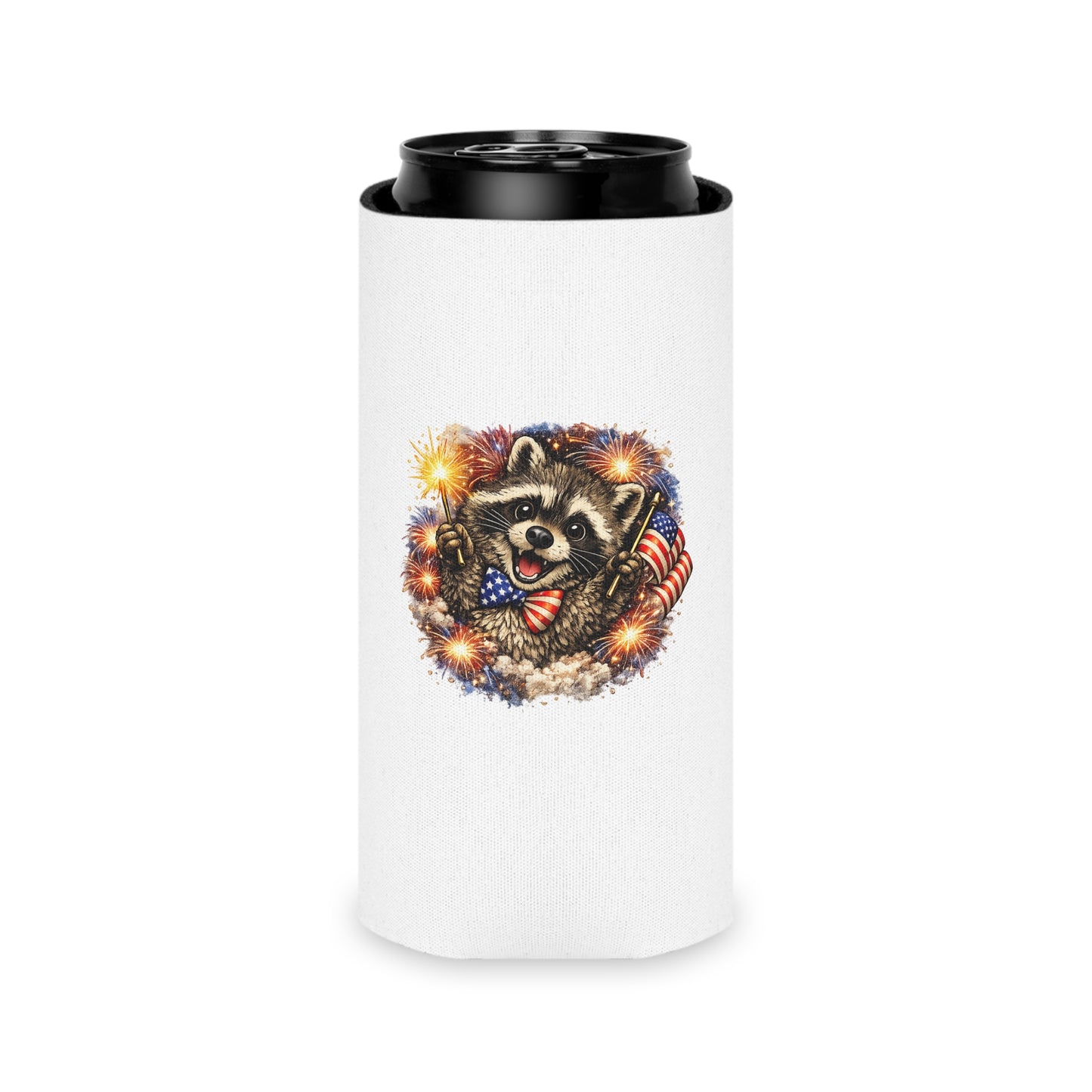 Patriotic Raccoon 250 Can Cooler – USA Flag, 4th of July Drink Koozie