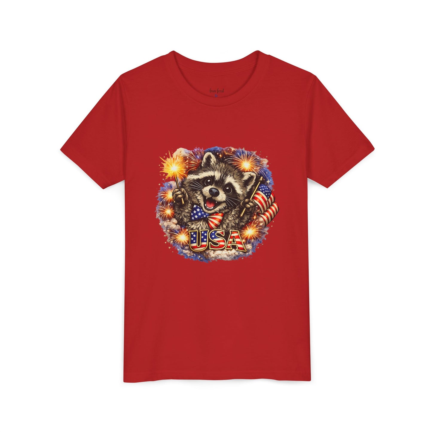 Patriotic Raccoon Youth Tee — Raccoon with American Flag & Fireworks