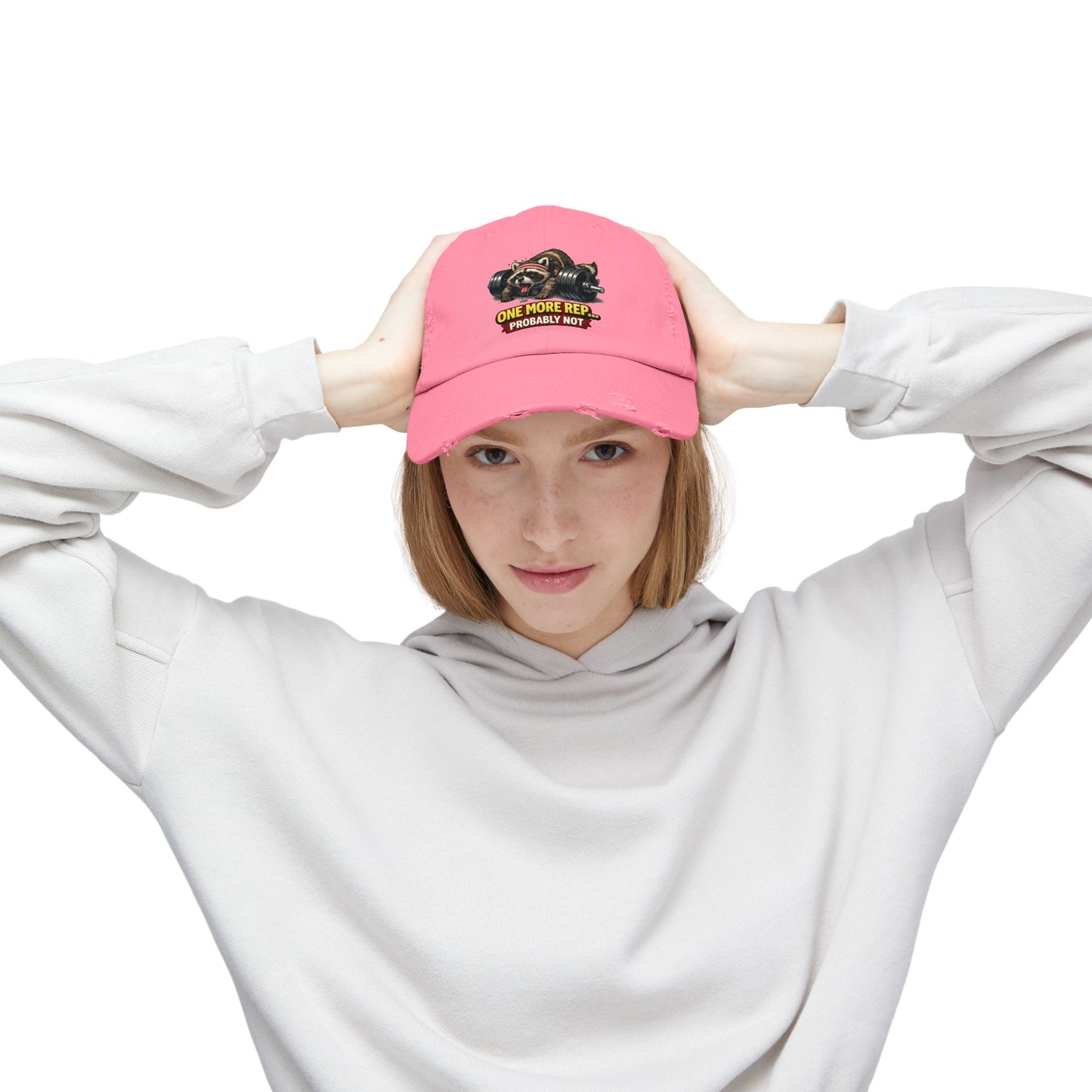 One More Rep Distressed Cap — Raccoon Mom/Dad Funny Dad Hat