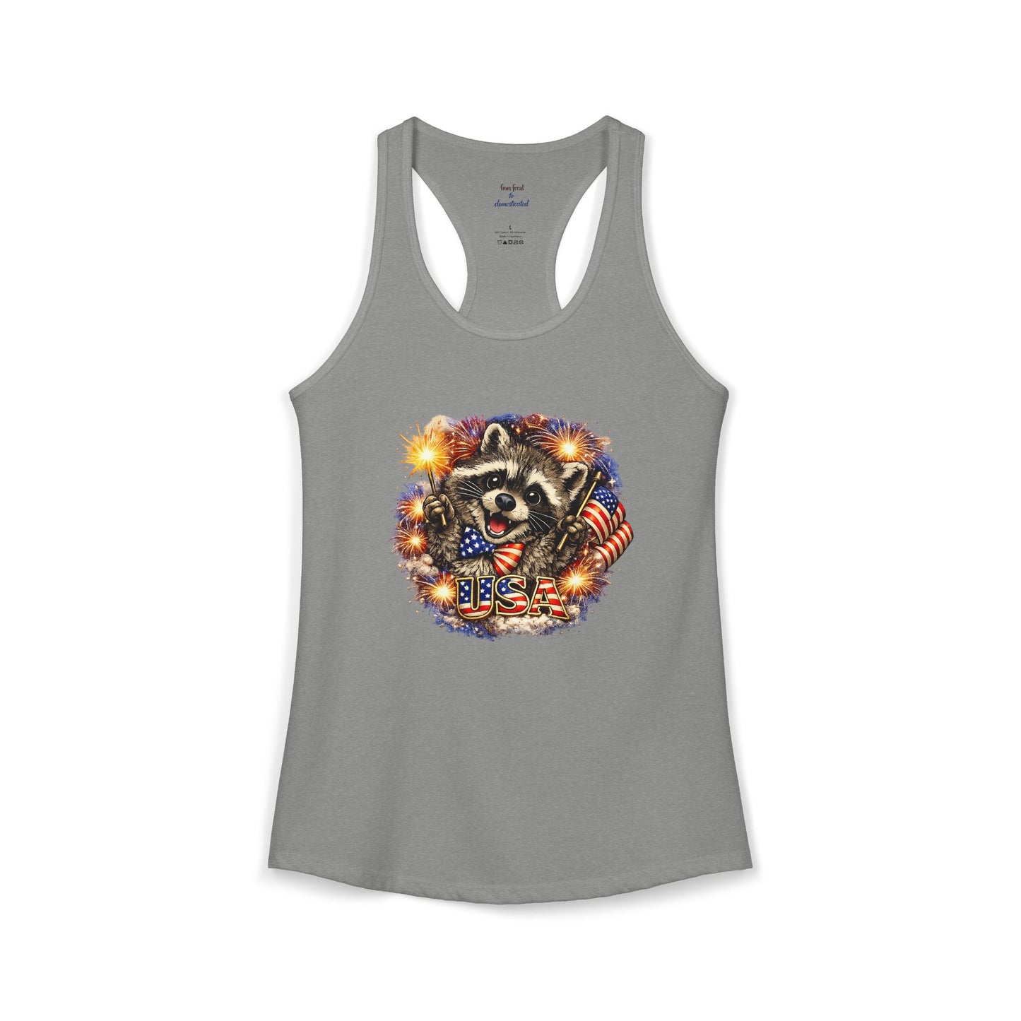 Patriotic Raccoon 4th of July Tank — Raccoon on 250 with Flag & Fireworks Racerback Tank