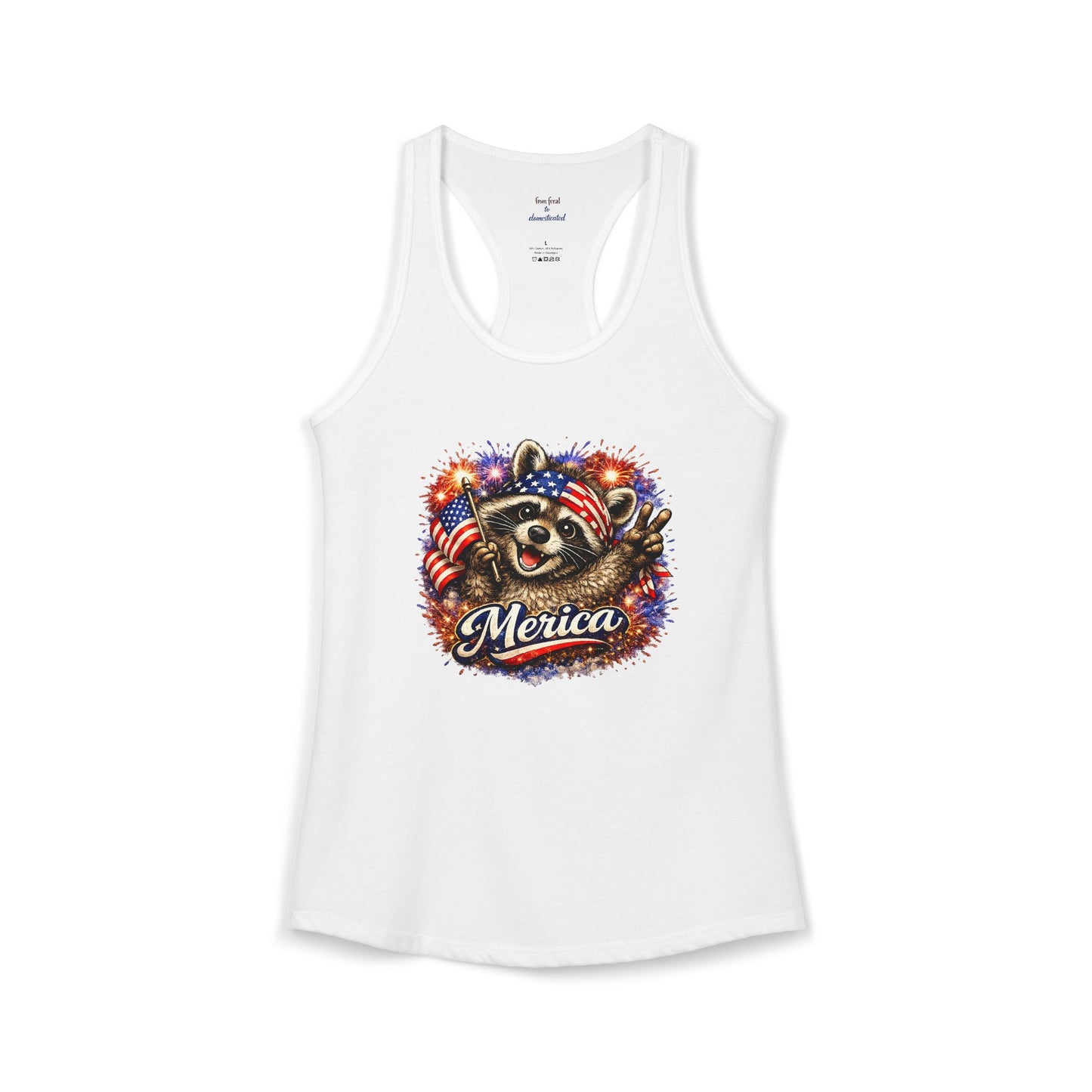 Patriotic Raccoon 4th of July Tank — Raccoon on 250 with Flag & Fireworks Racerback Tank