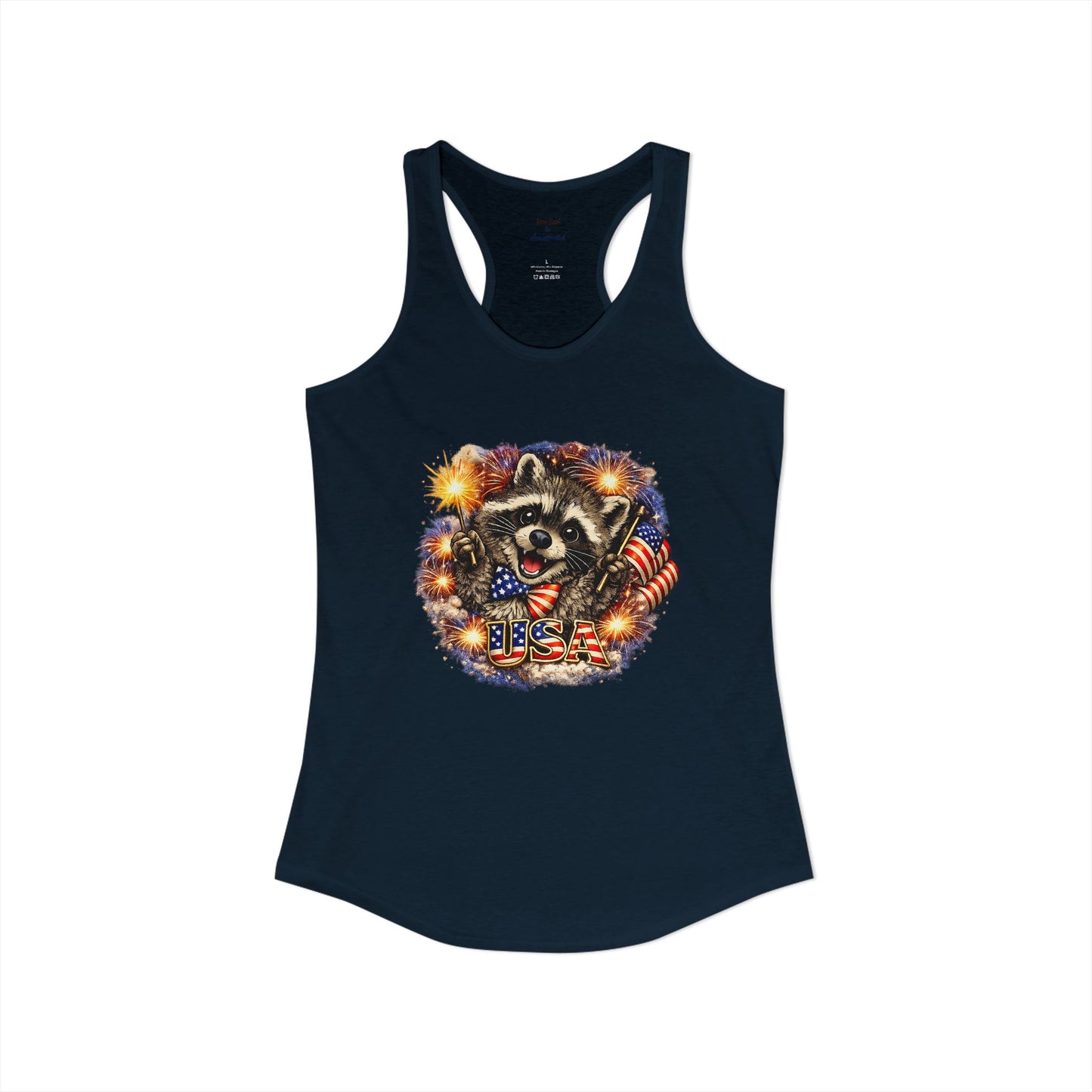 Patriotic Raccoon 4th of July Tank — Raccoon on 250 with Flag & Fireworks Racerback Tank