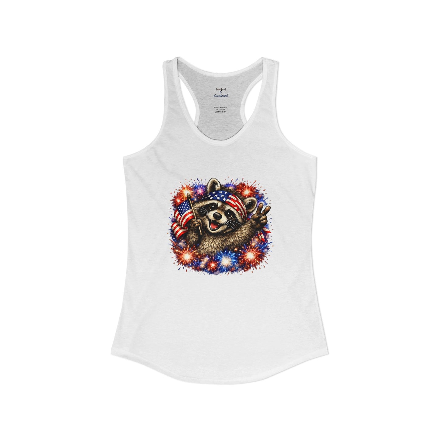 Patriotic Raccoon 4th of July Tank — Raccoon with Flag & Fireworks Racerback Tank