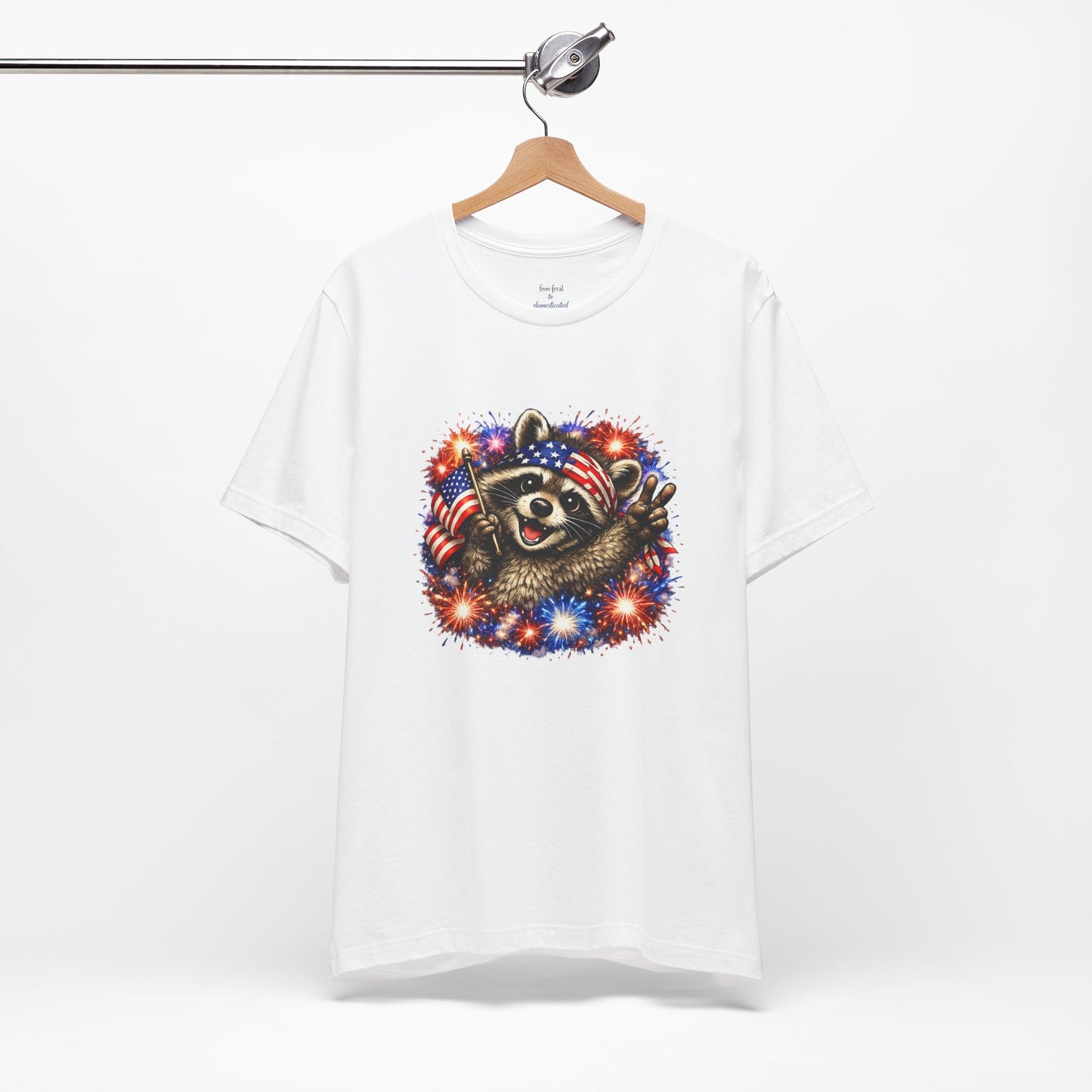 Patriot Raccoon 250th Anniversary T-Shirt — 4th of July Fireworks Flag Tee