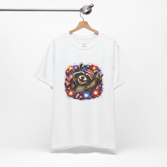 Patriot Raccoon 250th Anniversary T-Shirt — 4th of July Fireworks Flag Tee