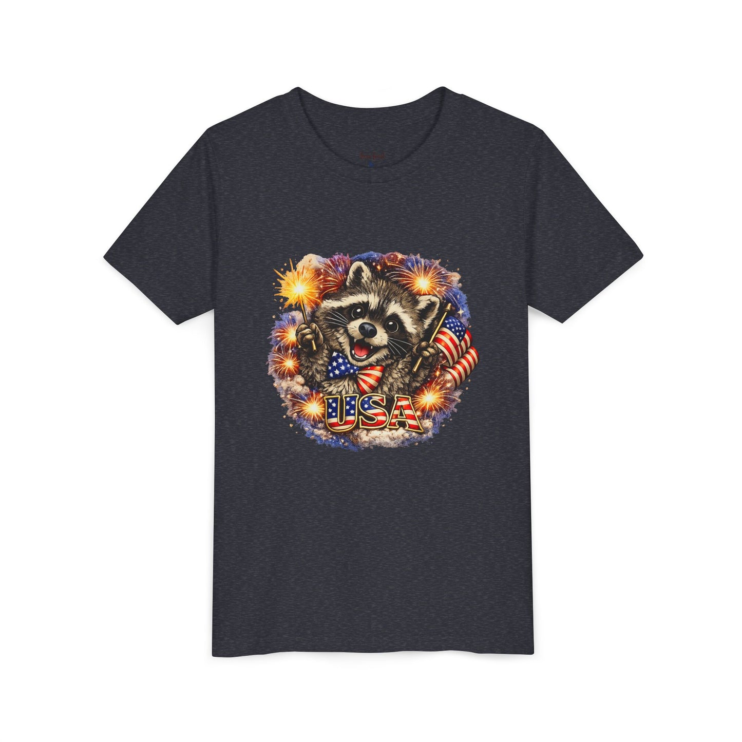 Patriotic Raccoon Youth Tee — Raccoon with American Flag & Fireworks