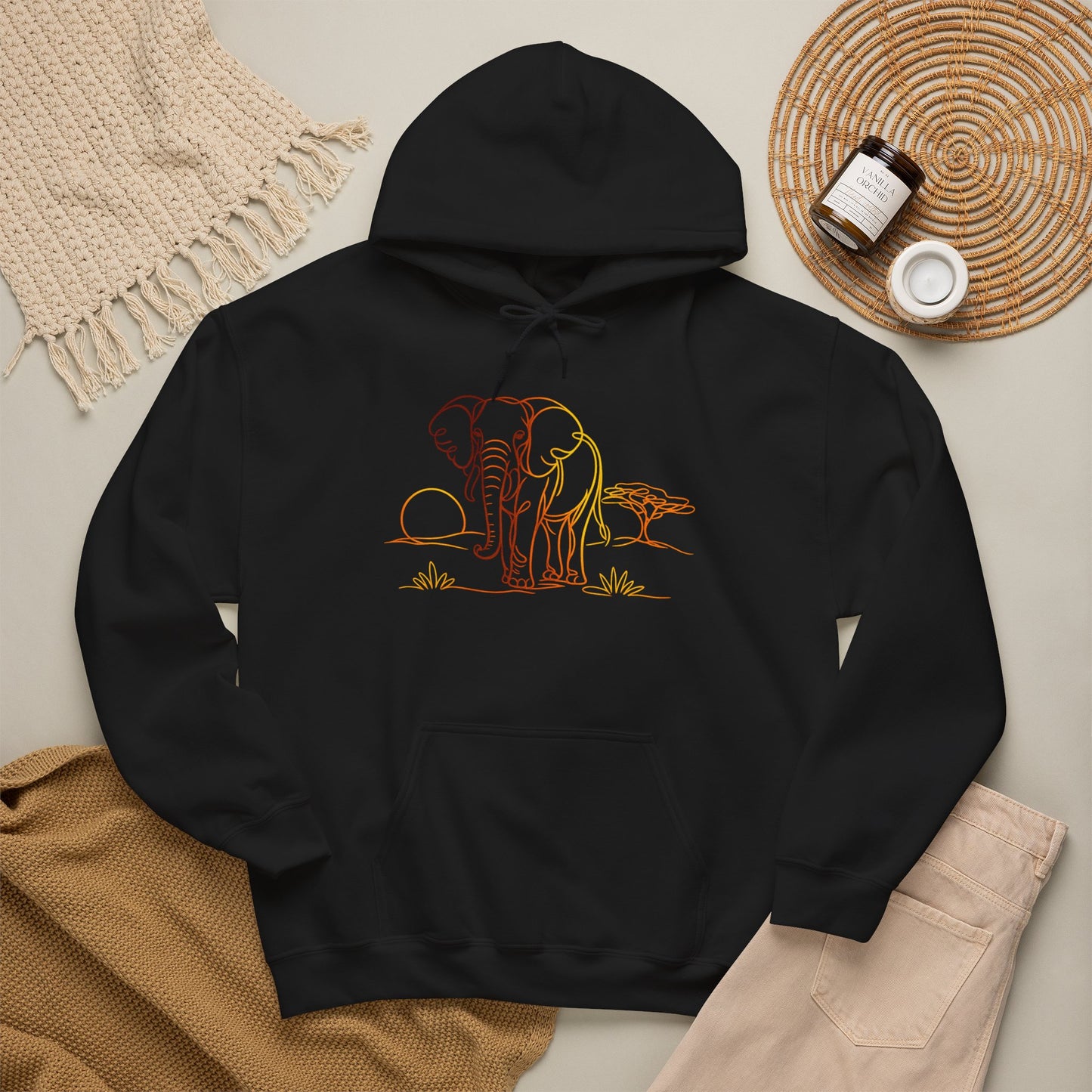 Elephant Sunset Hoodie — Minimal Safari Graphic Hooded Sweatshirt