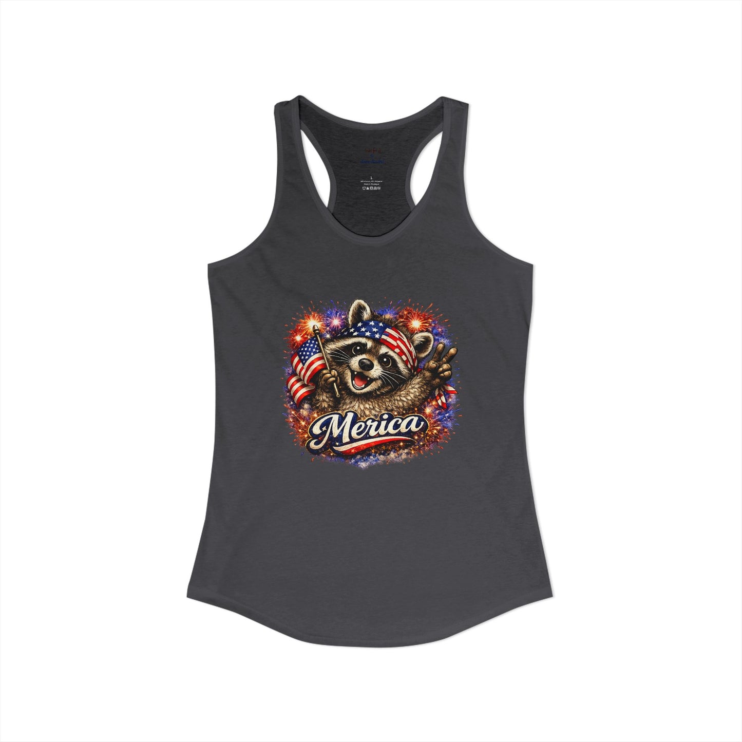 Patriotic Raccoon 4th of July Tank — Raccoon on 250 with Flag & Fireworks Racerback Tank