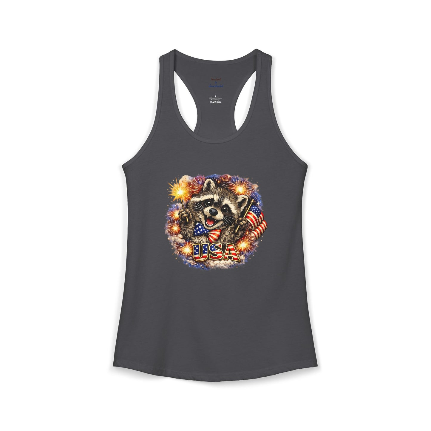 Patriotic Raccoon 4th of July Tank — Raccoon on 250 with Flag & Fireworks Racerback Tank