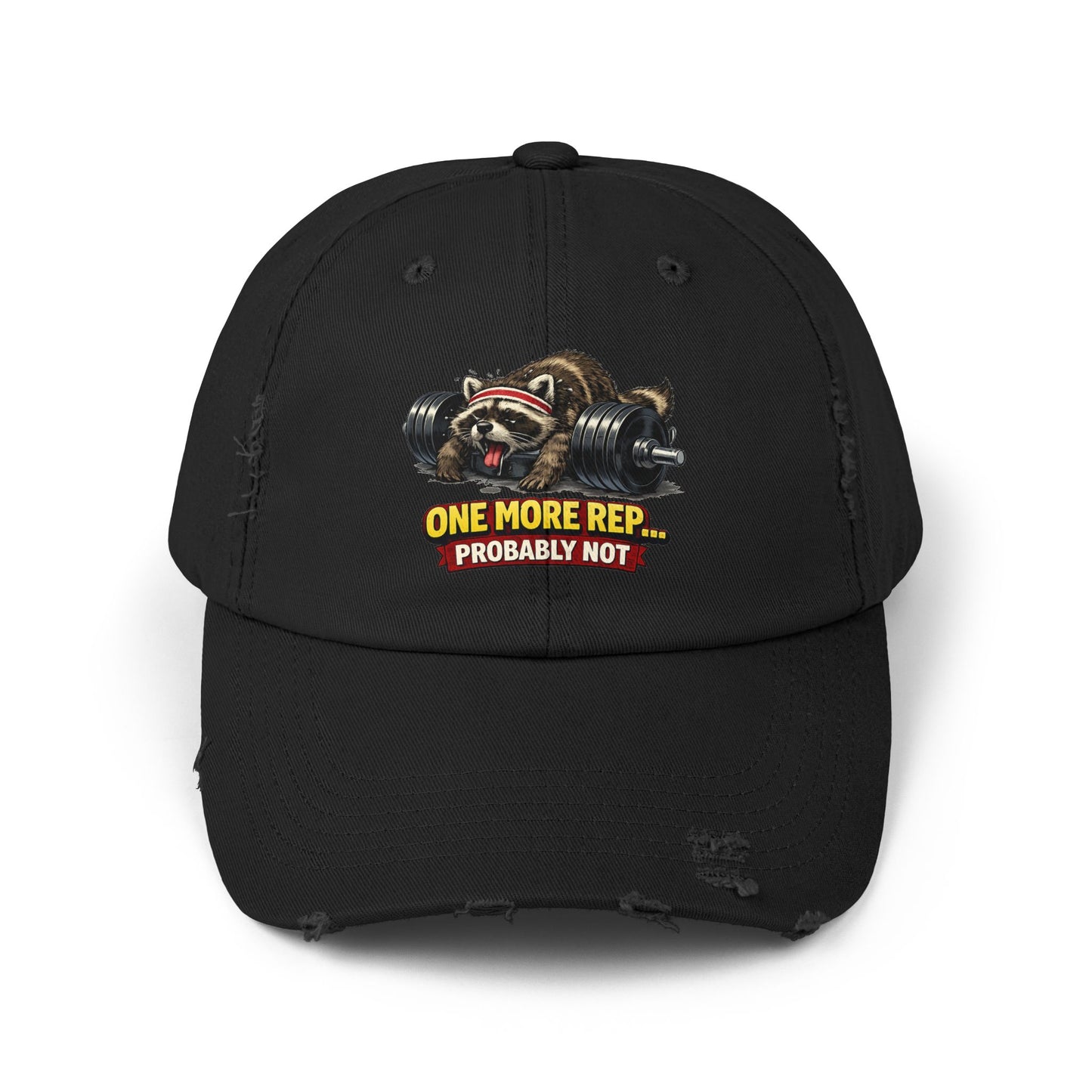 One More Rep Distressed Cap — Raccoon Mom/Dad Funny Dad Hat