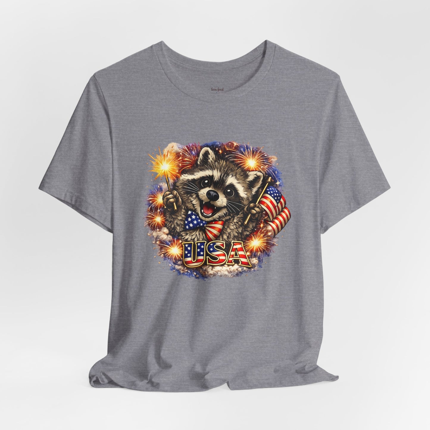 Patriot Raccoon 250th Anniversary T-Shirt — 4th of July Fireworks Flag Tee