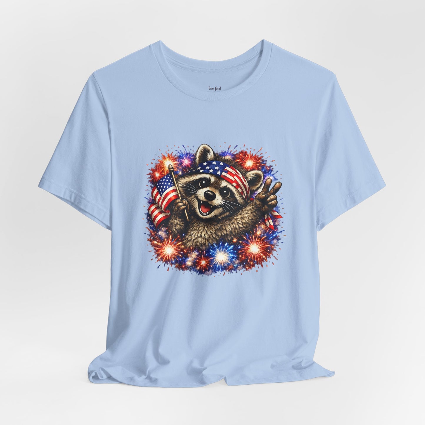 Patriot Raccoon 250th Anniversary T-Shirt — 4th of July Fireworks Flag Tee