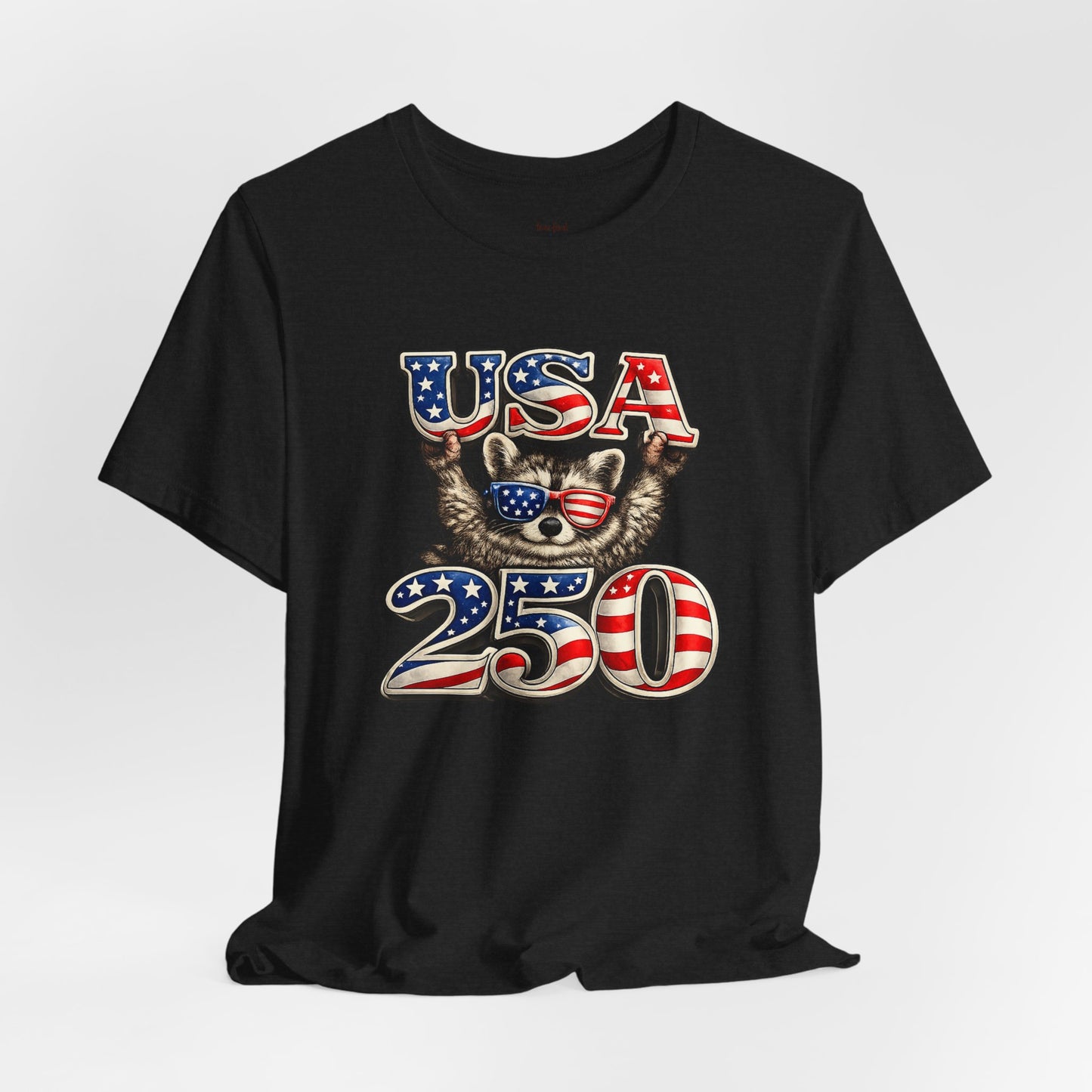 Patriot Raccoon 250th Anniversary T-Shirt — 4th of July Fireworks Flag Tee