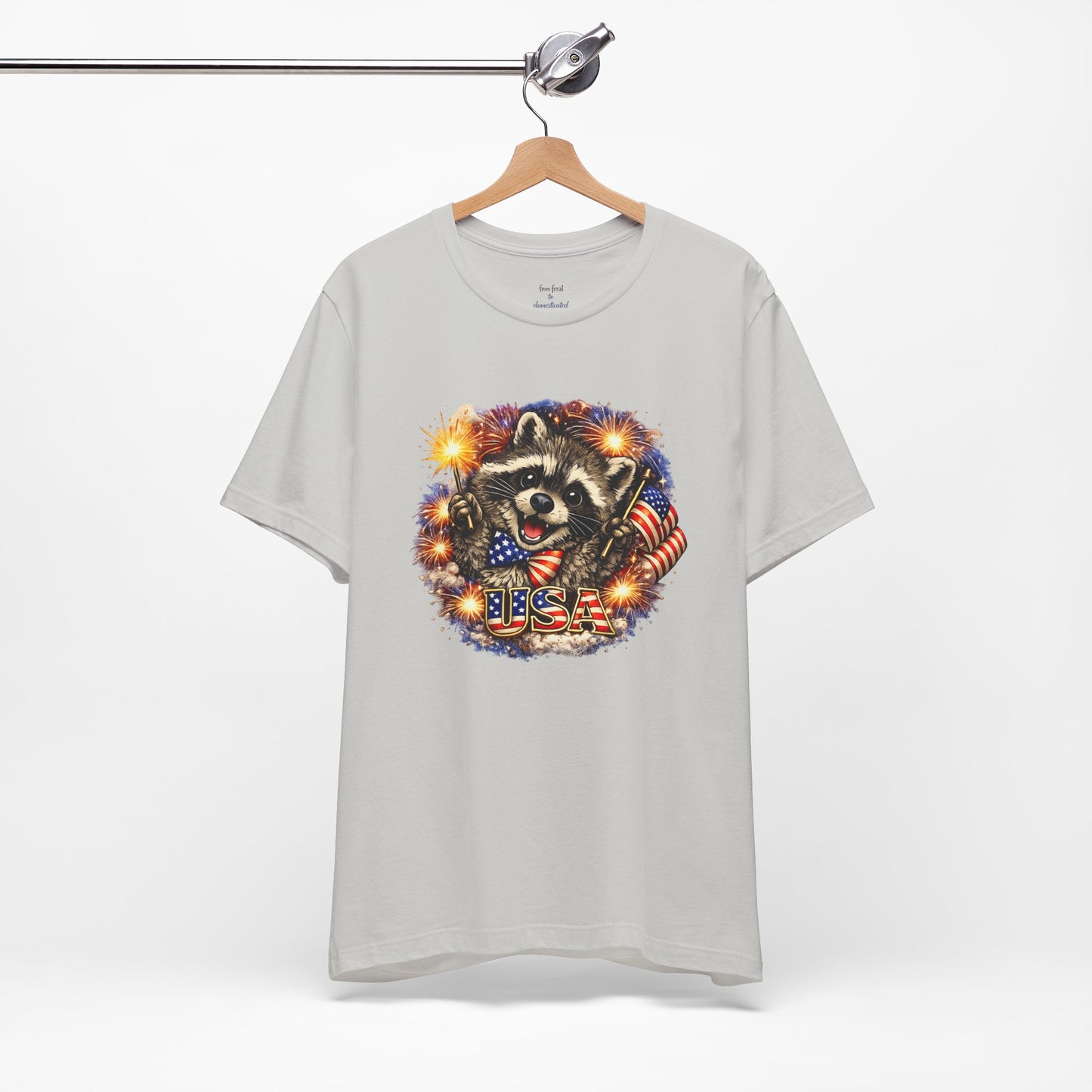 Patriot Raccoon 250th Anniversary T-Shirt — 4th of July Fireworks Flag Tee