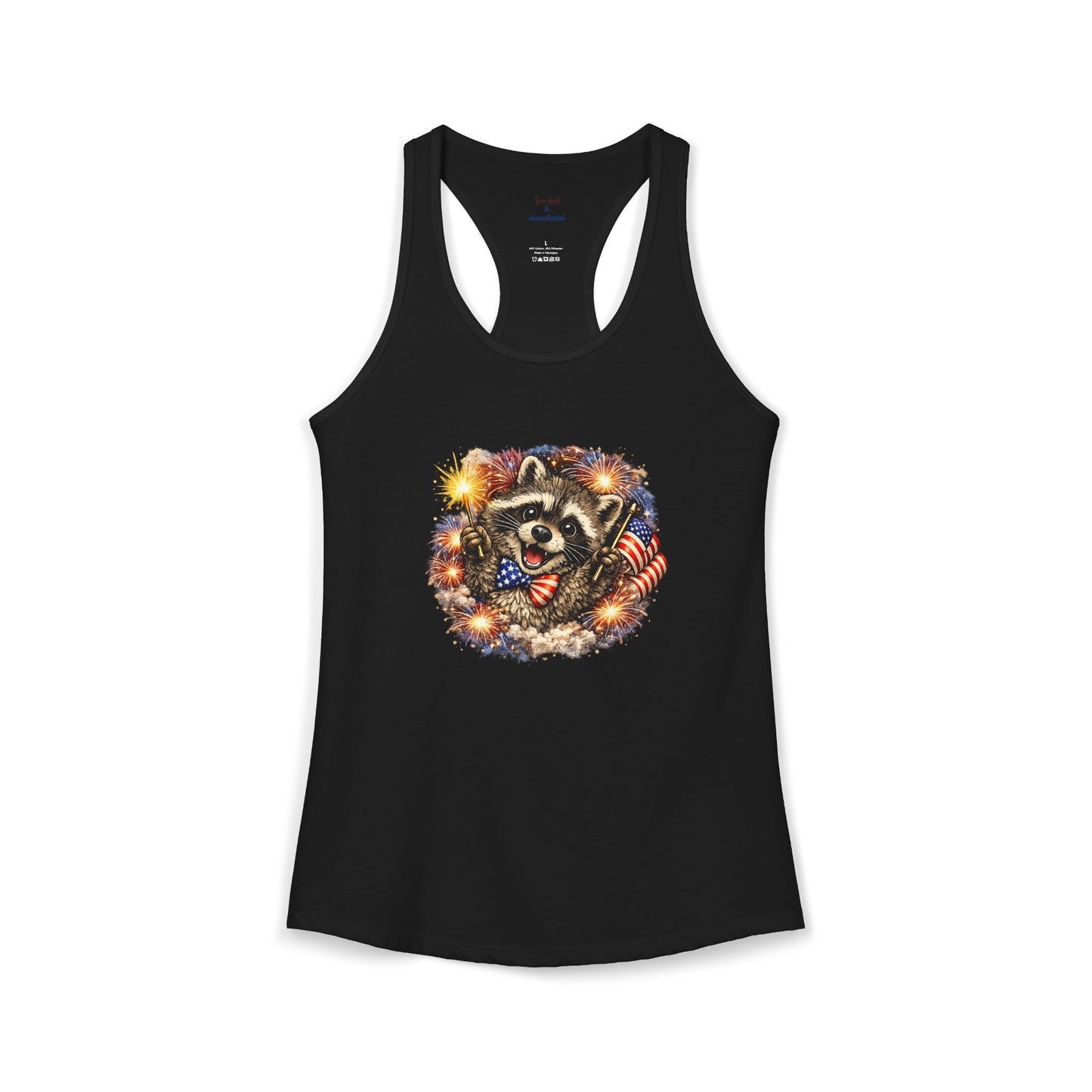Patriotic Raccoon 4th of July Tank — Raccoon on 250 with Flag & Fireworks Racerback Tank
