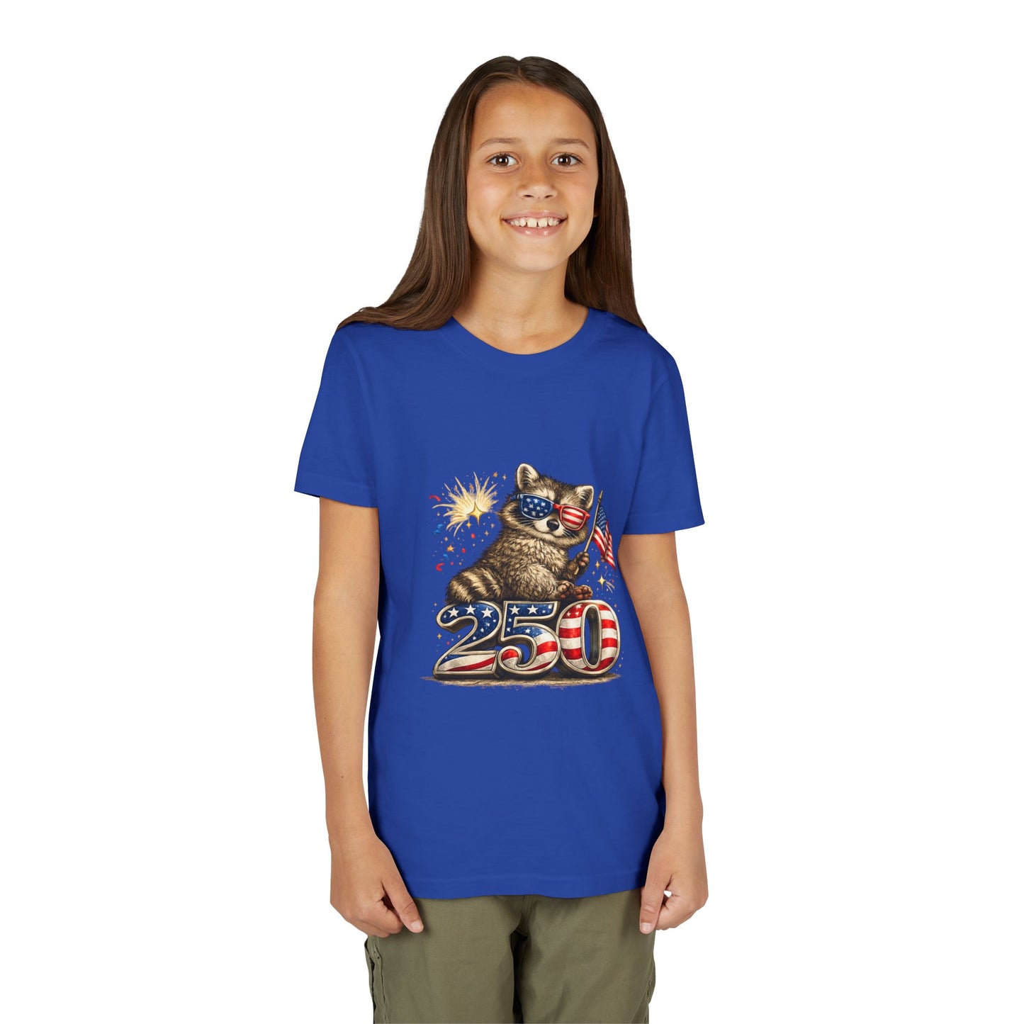 Patriotic Raccoon Youth Tee — Raccoon with American Flag & Fireworks