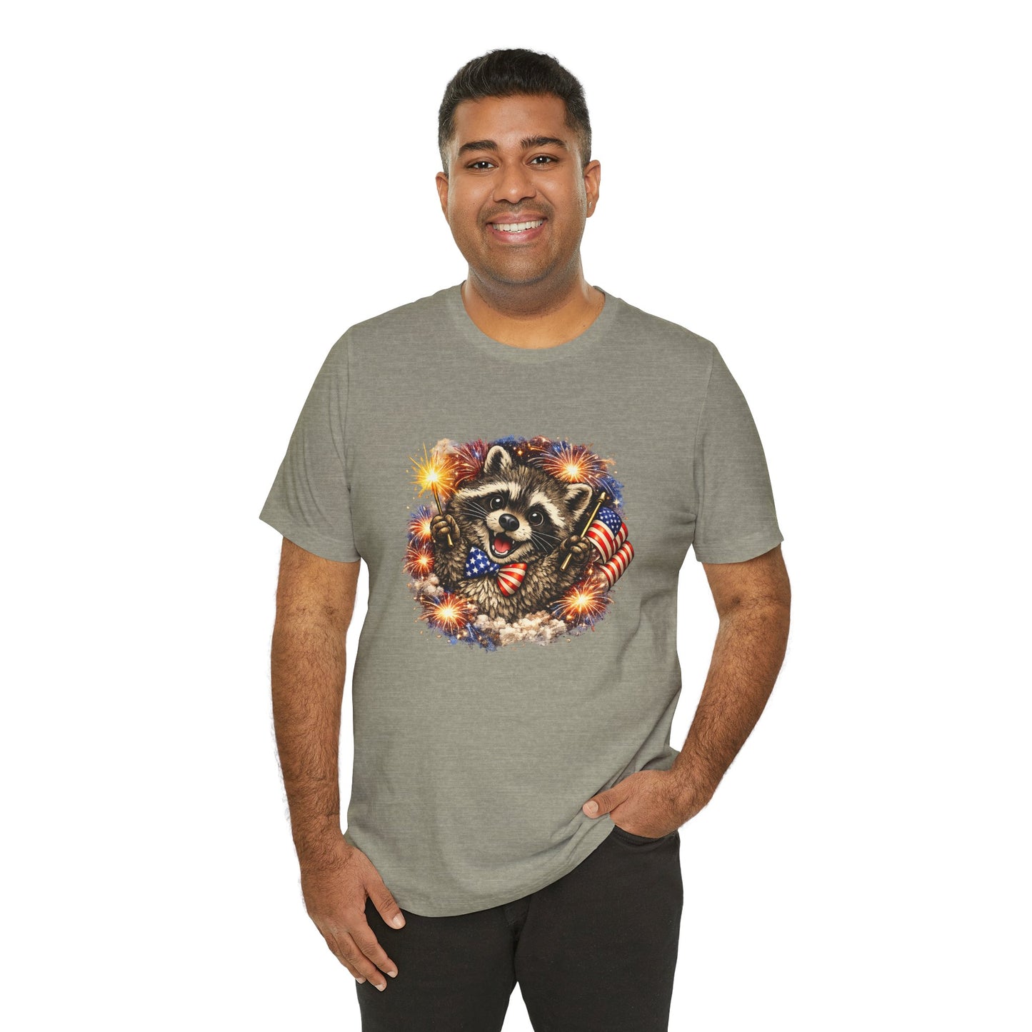 Patriot Raccoon 250th Anniversary T-Shirt — 4th of July Fireworks Flag Tee
