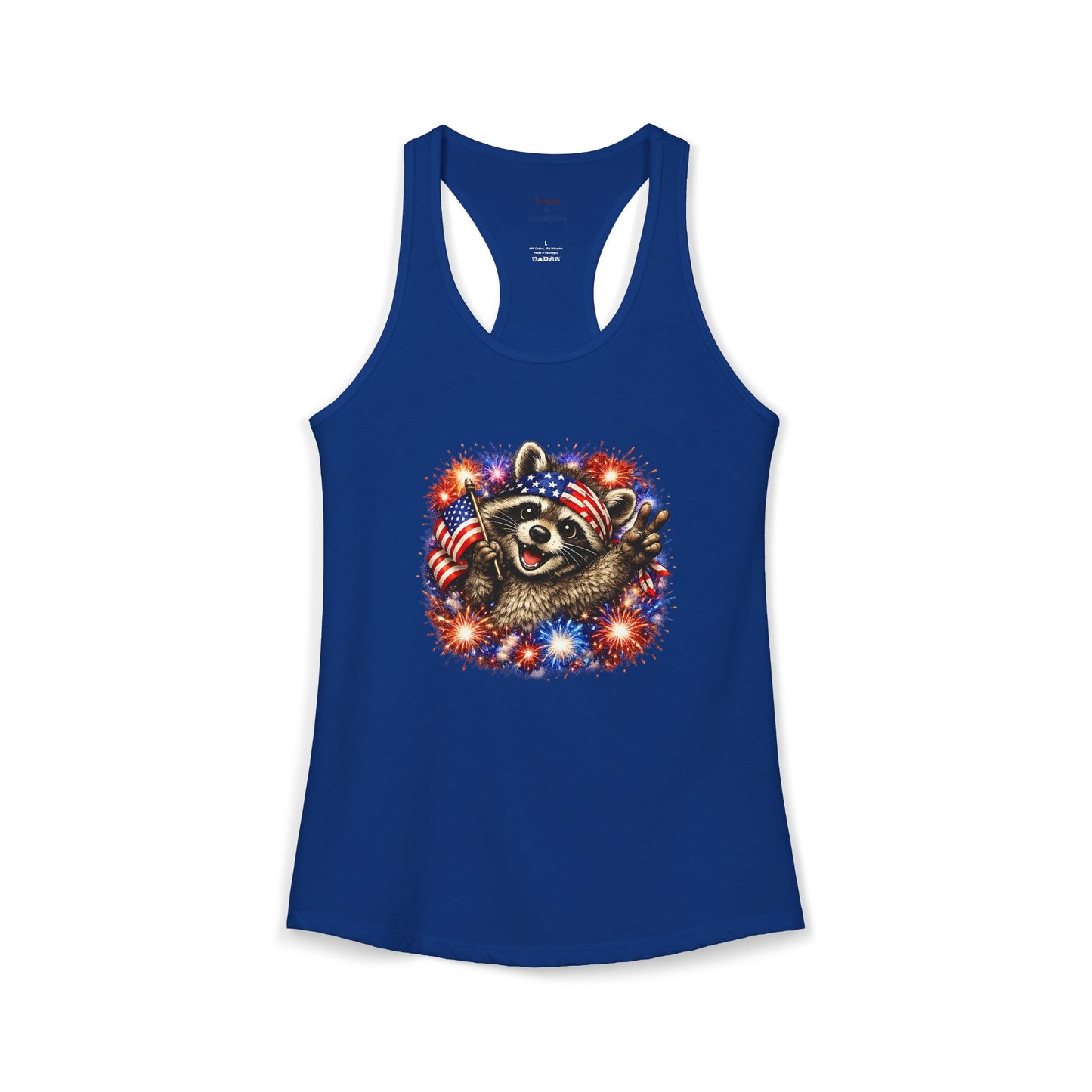 Patriotic Raccoon 4th of July Tank — Raccoon with Flag & Fireworks Racerback Tank