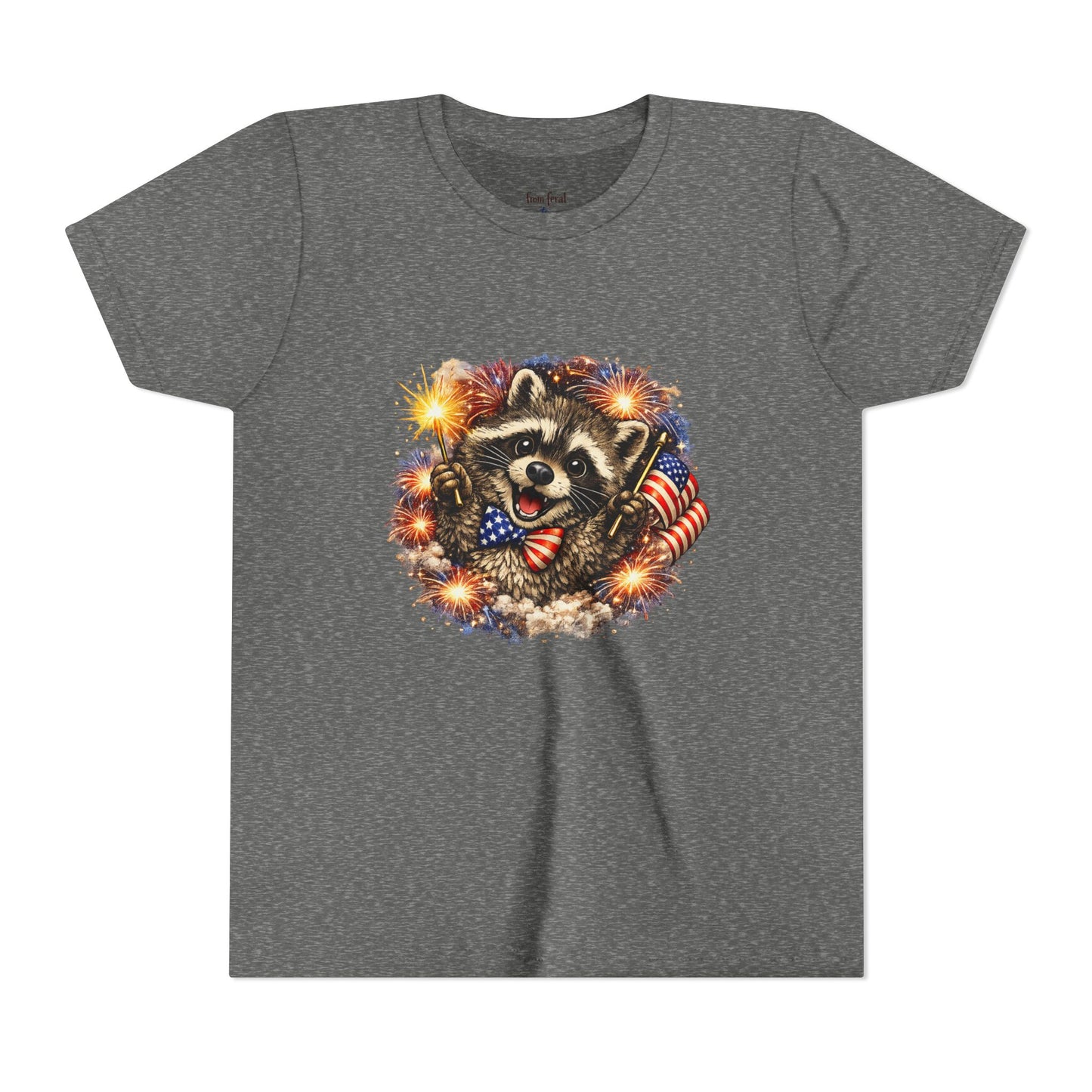 Patriotic Raccoon Youth Tee — Raccoon with American Flag & Fireworks