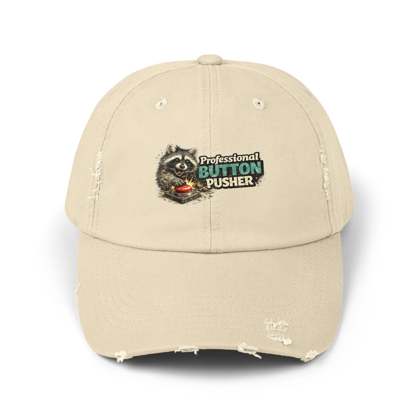 Button Pusher Distressed Cap — Raccoon Mom/Dad Funny Dad Hat