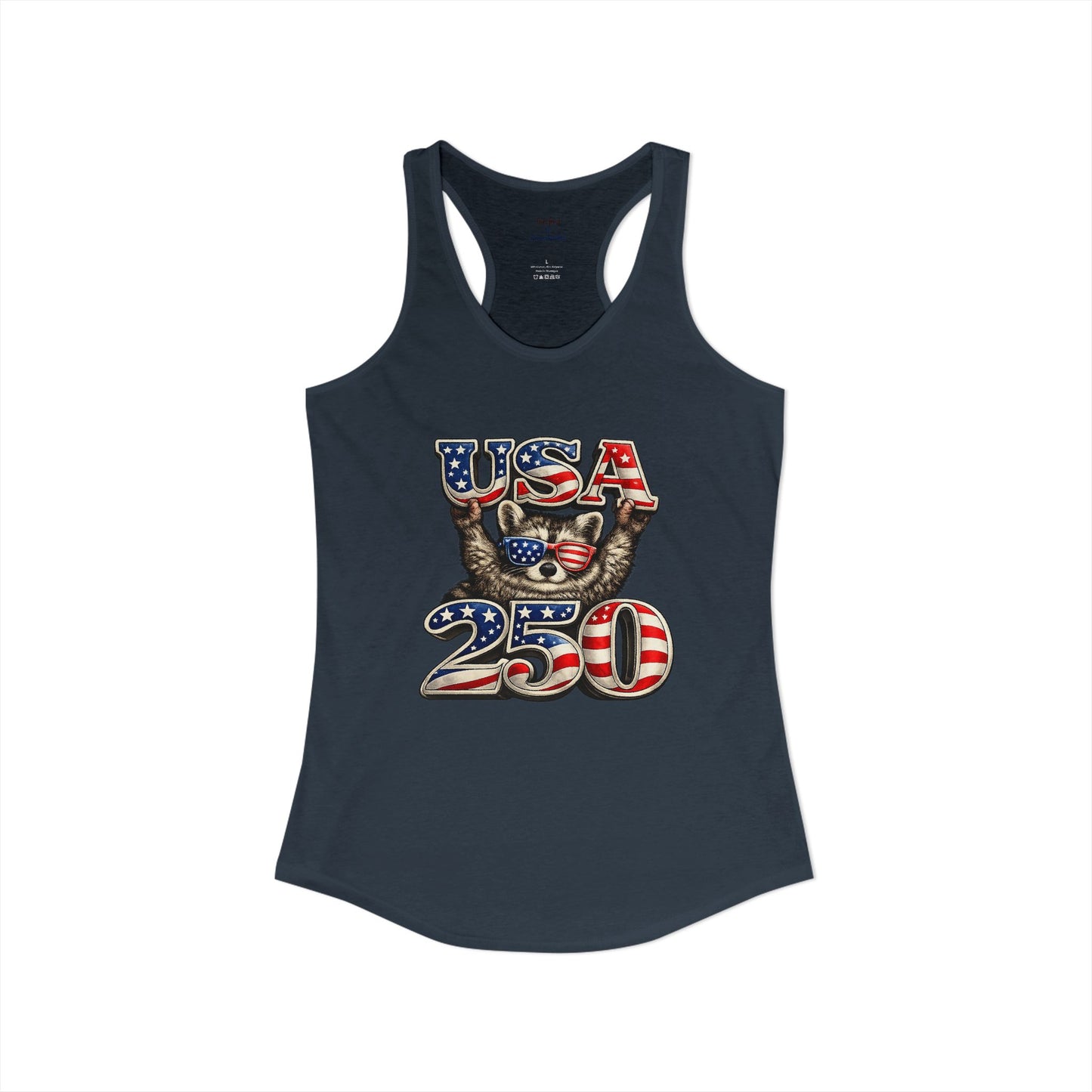 Patriotic Raccoon 4th of July Tank — Raccoon on 250 with Flag & Fireworks Racerback Tank