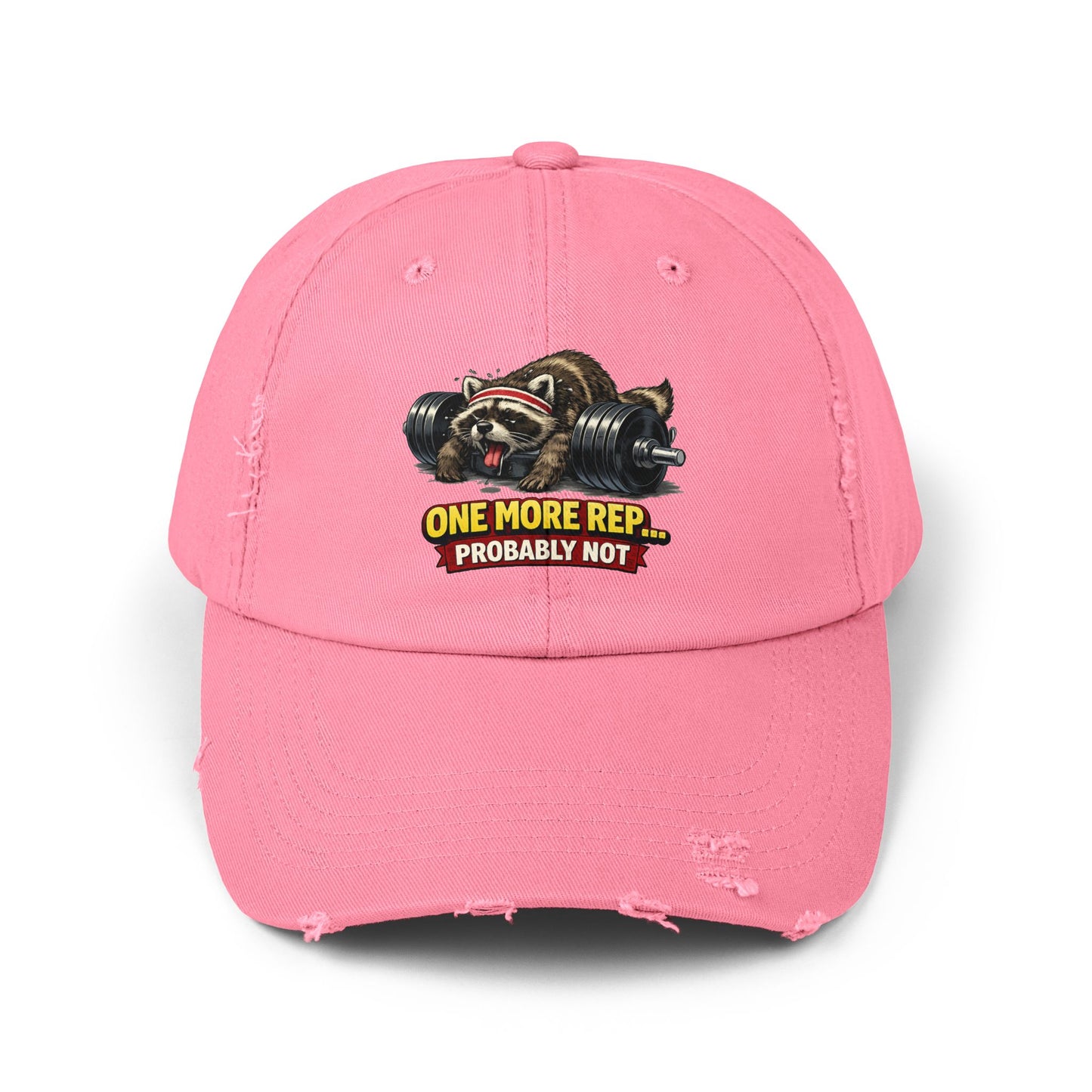 One More Rep Distressed Cap — Raccoon Mom/Dad Funny Dad Hat