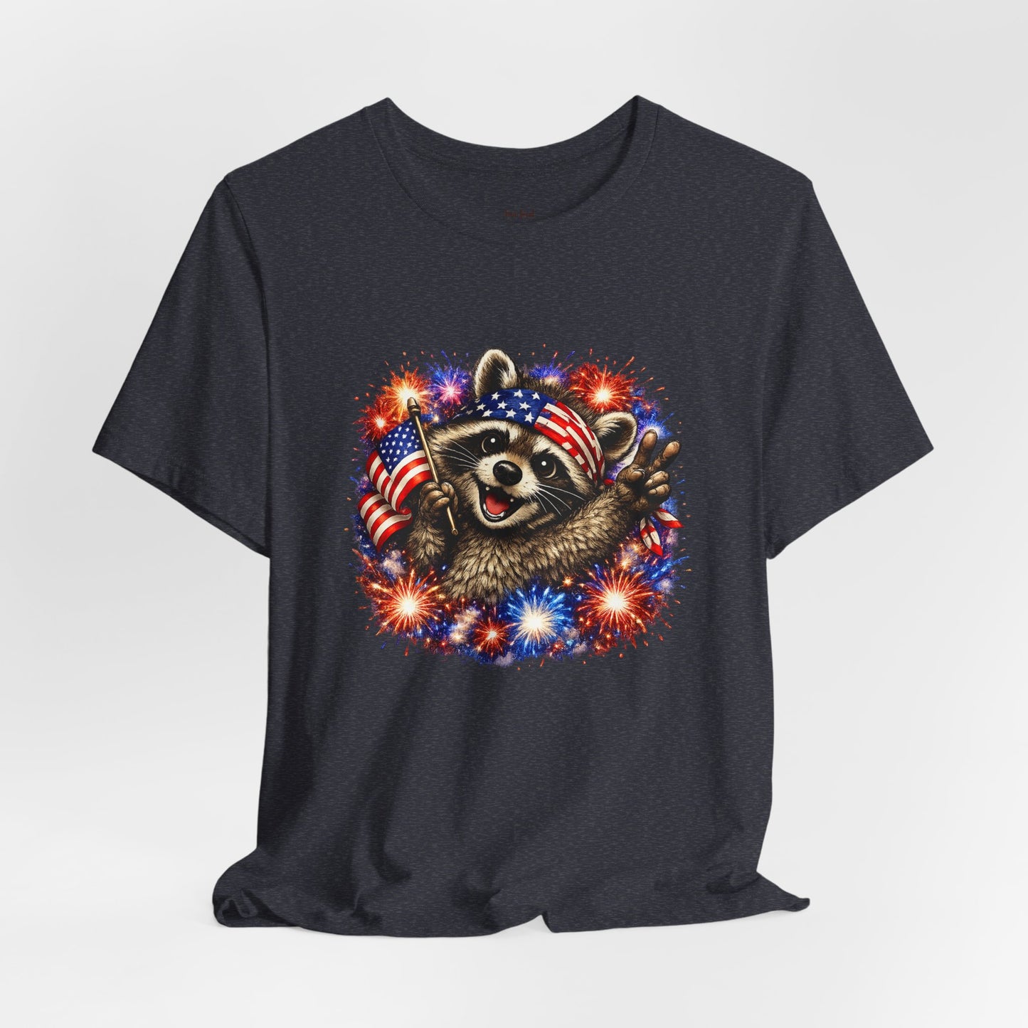Patriot Raccoon 250th Anniversary T-Shirt — 4th of July Fireworks Flag Tee