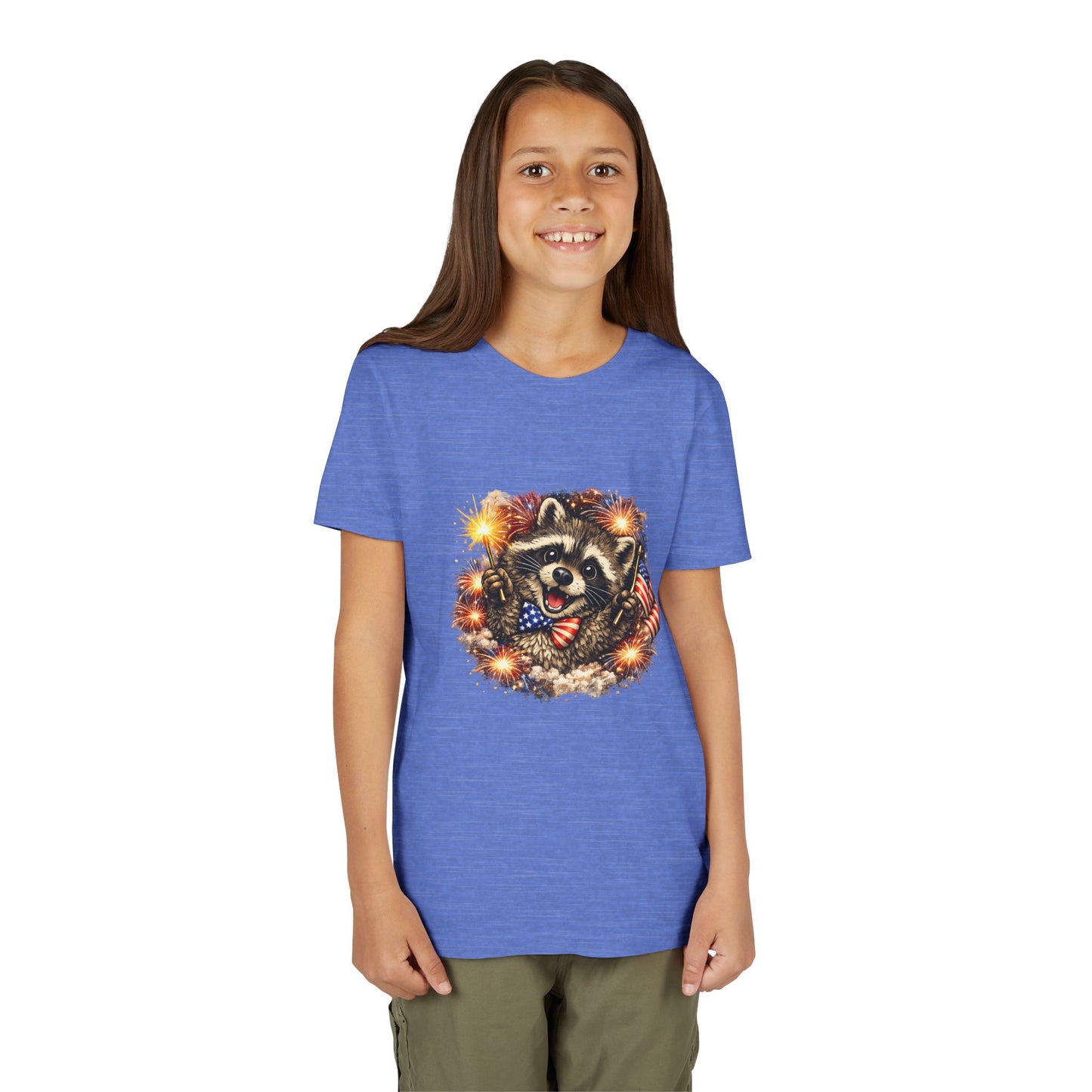 Patriotic Raccoon Youth Tee — Raccoon with American Flag & Fireworks