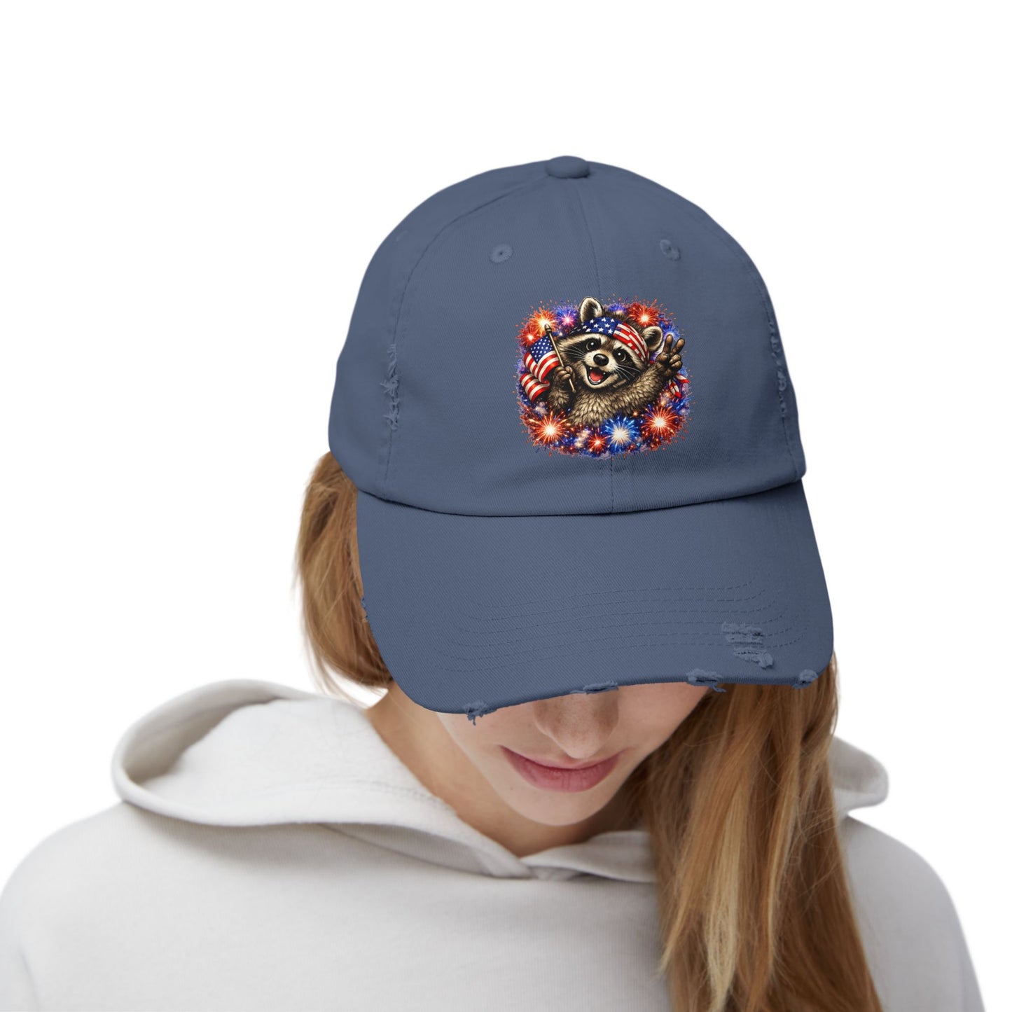 Patriotic Raccoon 250 Cap — Fireworks & Flag Distressed Baseball Hat