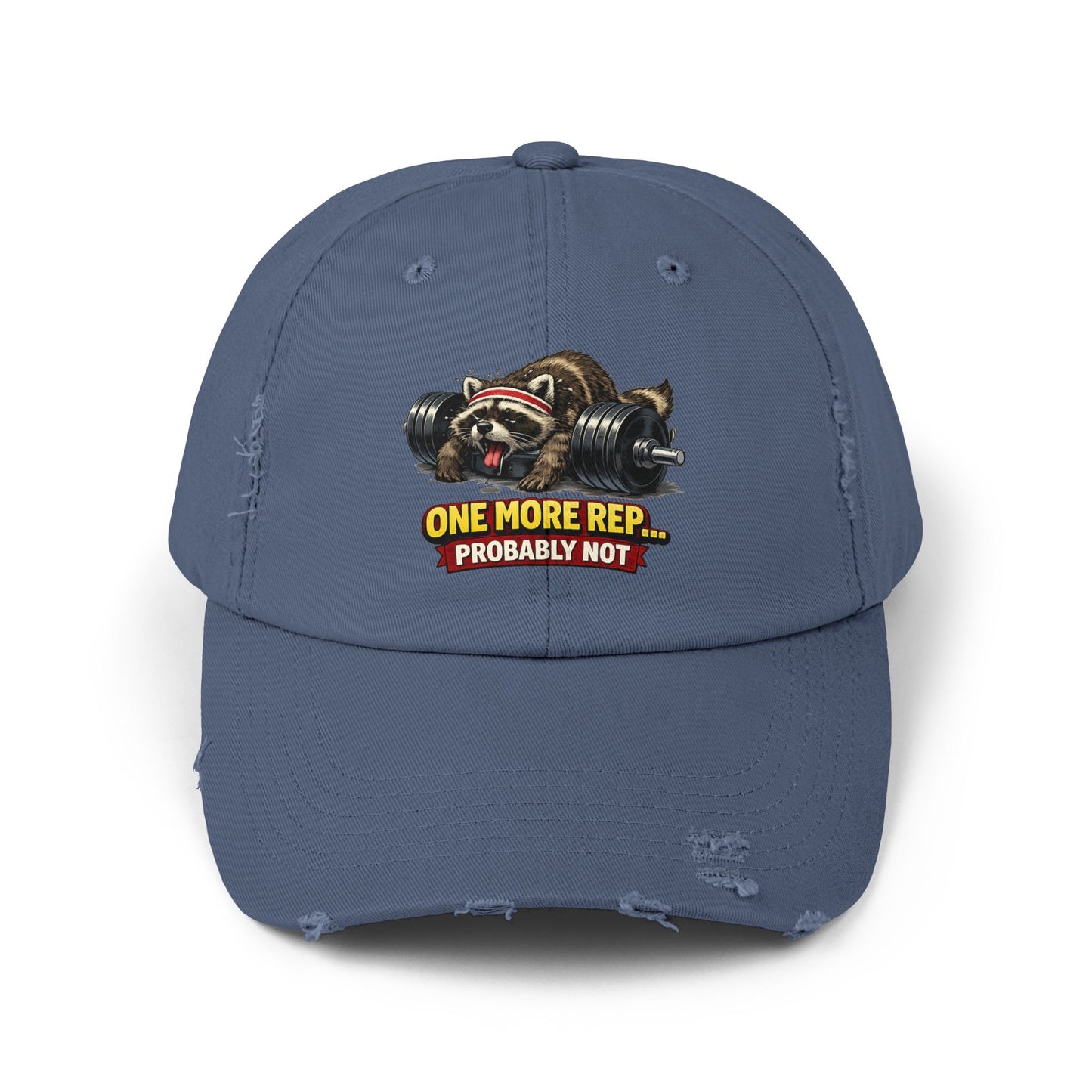 One More Rep Distressed Cap — Raccoon Mom/Dad Funny Dad Hat