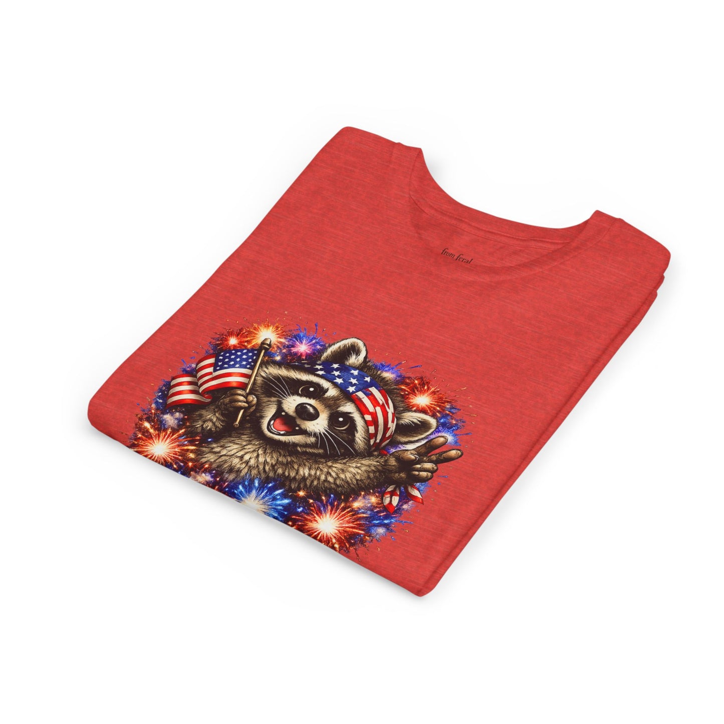 Patriotic Raccoon Youth Tee — Raccoon with American Flag & Fireworks
