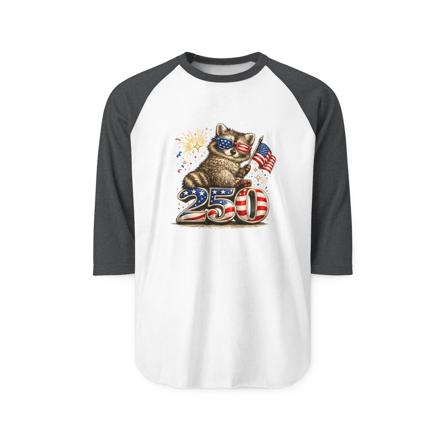 Patriotic Raccoon 250 Raglan Shirt — Fourth of July Fireworks Tee