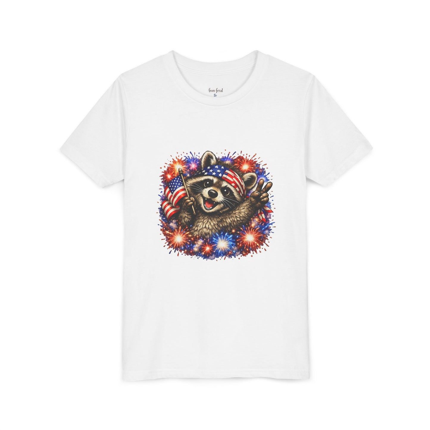 Patriotic Raccoon Youth Tee — Raccoon with American Flag & Fireworks