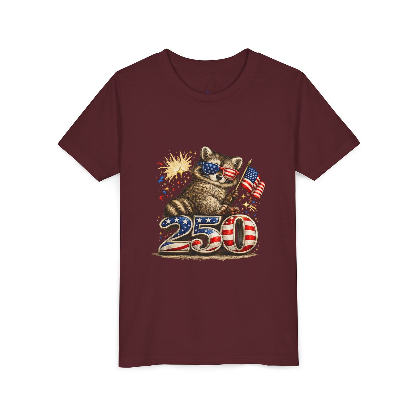 Patriotic Raccoon Youth Tee — Raccoon with American Flag & Fireworks