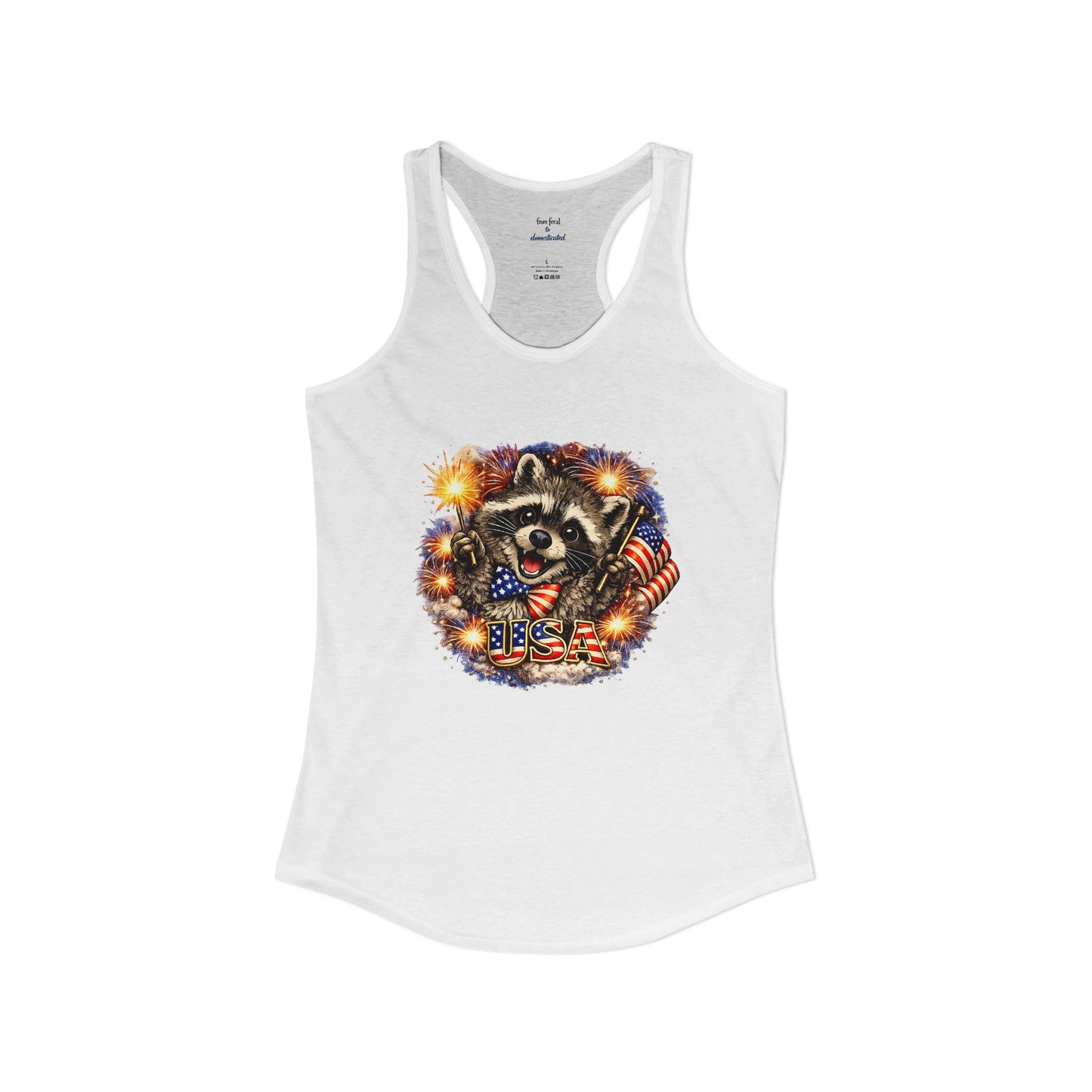 Patriotic Raccoon 4th of July Tank — Raccoon on 250 with Flag & Fireworks Racerback Tank